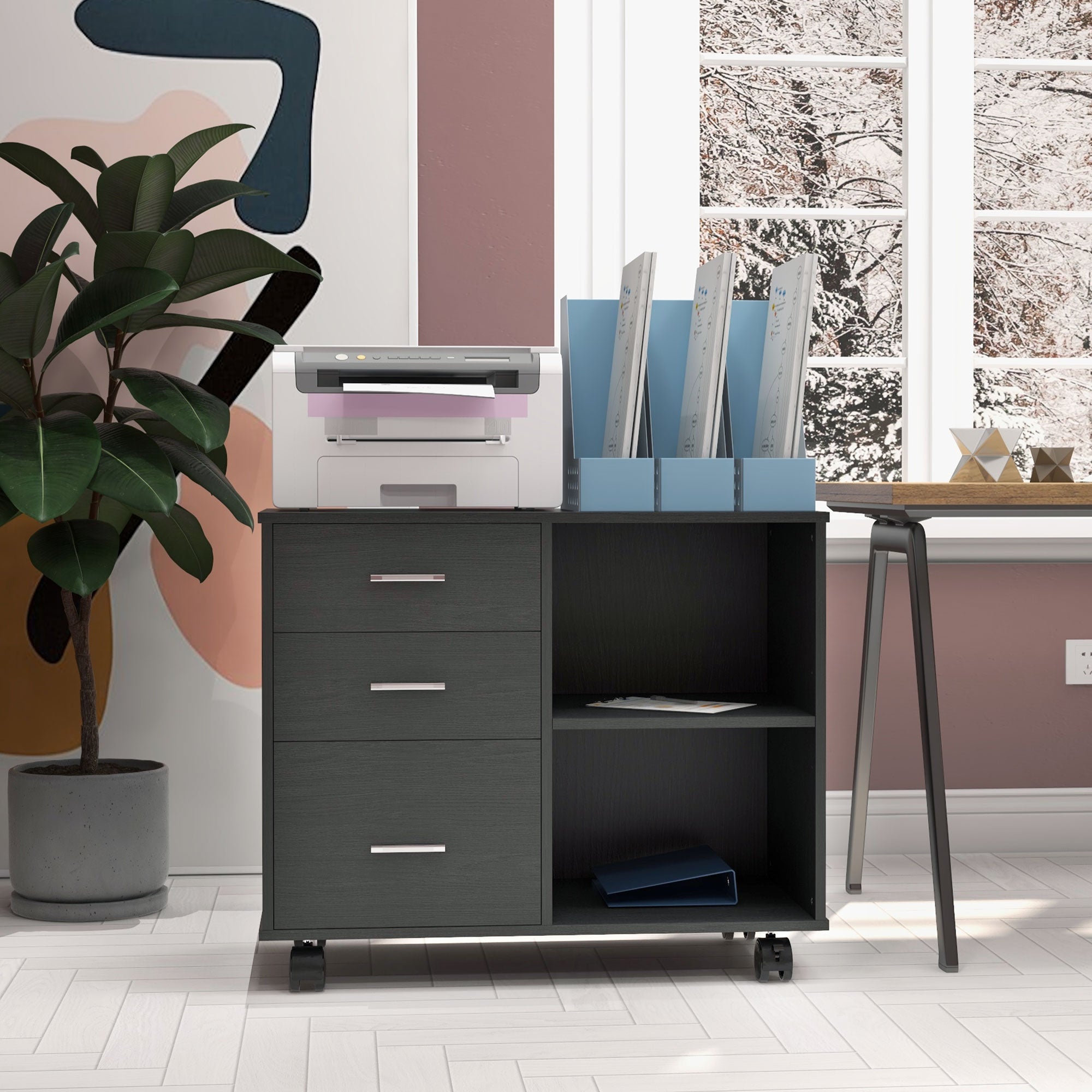 HOMCOM Modern Lateral Filing Cabinet, 3 Drawer File Cabinet for Letter and A4 Size Documents, Mobile, Printer Stand with Open Shelves, Rolling Wheels, Black