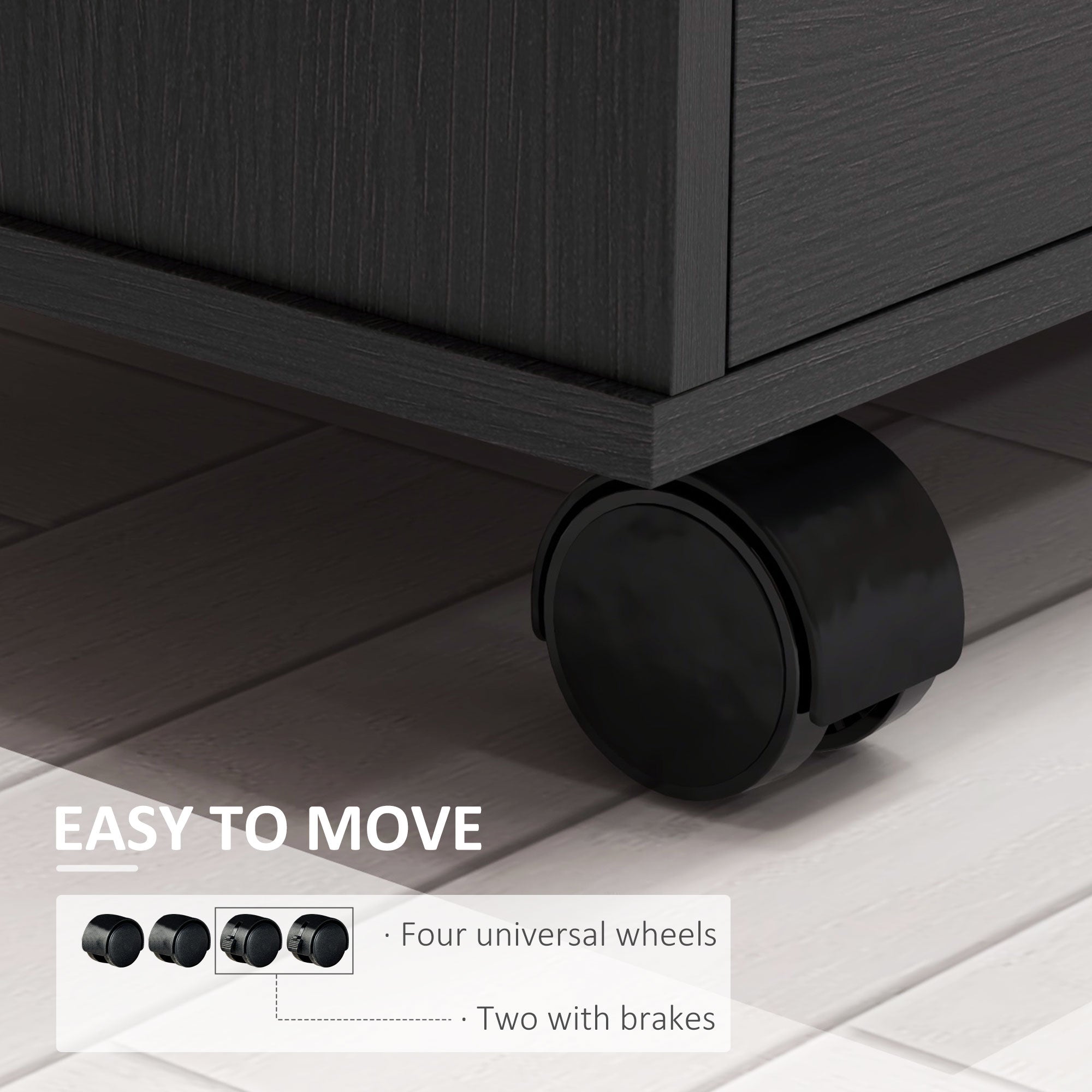 HOMCOM Modern Lateral Filing Cabinet, 3 Drawer File Cabinet for Letter and A4 Size Documents, Mobile, Printer Stand with Open Shelves, Rolling Wheels, Black