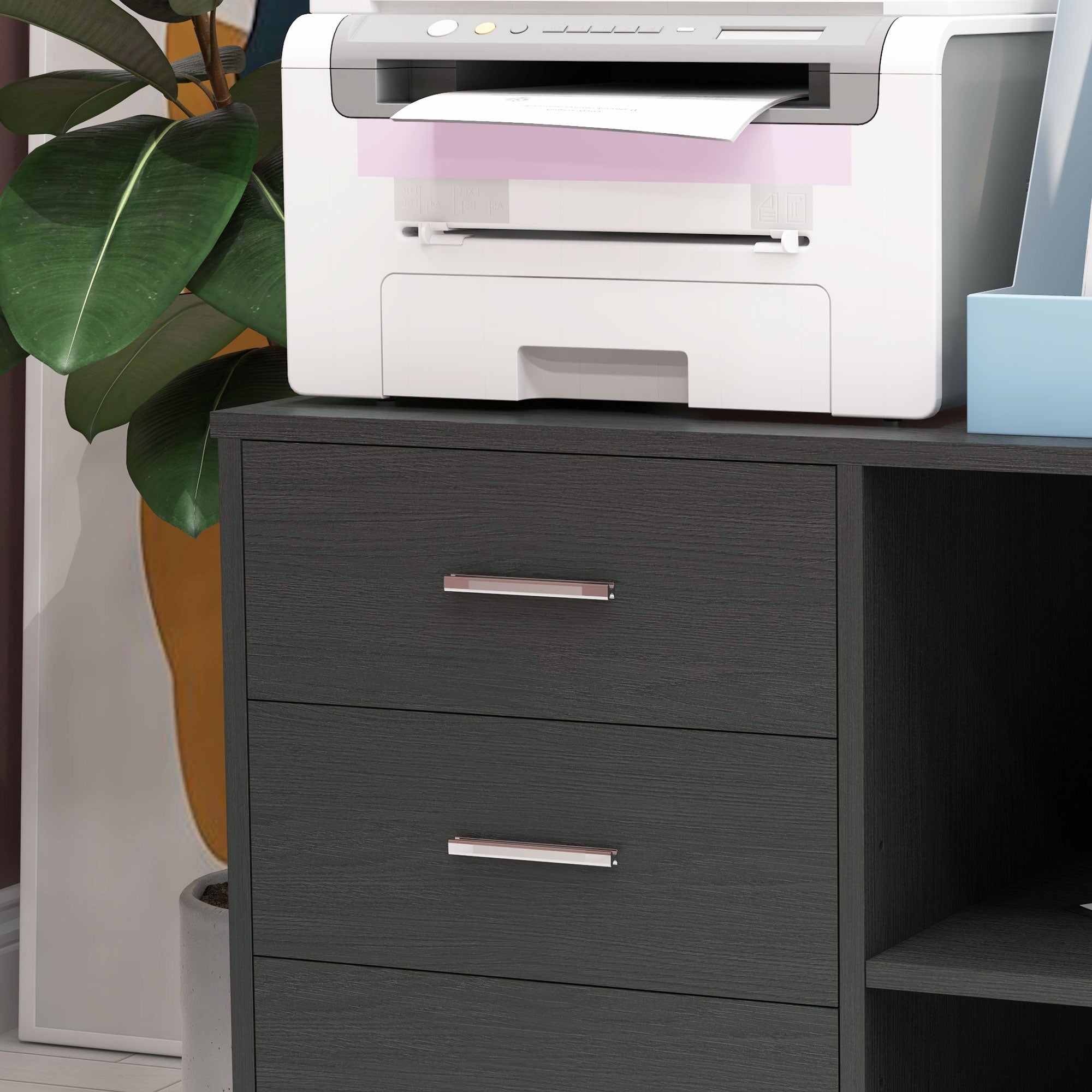 HOMCOM Modern Lateral Filing Cabinet, 3 Drawer File Cabinet for Letter and A4 Size Documents, Mobile, Printer Stand with Open Shelves, Rolling Wheels, Black