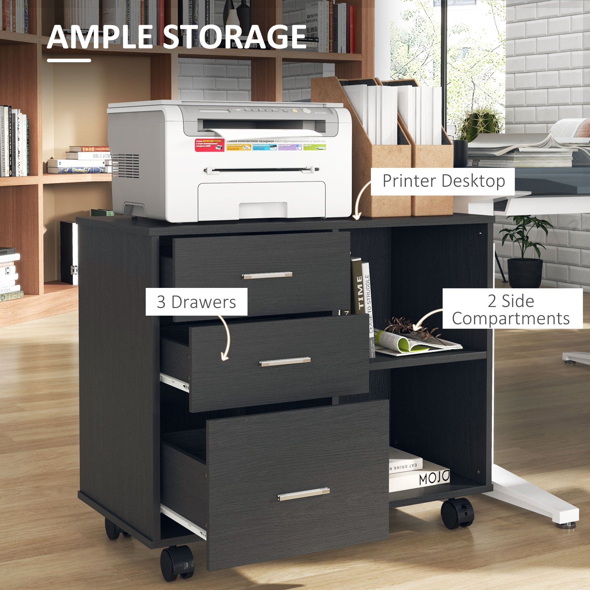 HOMCOM Modern Lateral Filing Cabinet, 3 Drawer File Cabinet for Letter and A4 Size Documents, Mobile, Printer Stand with Open Shelves, Rolling Wheels, Black