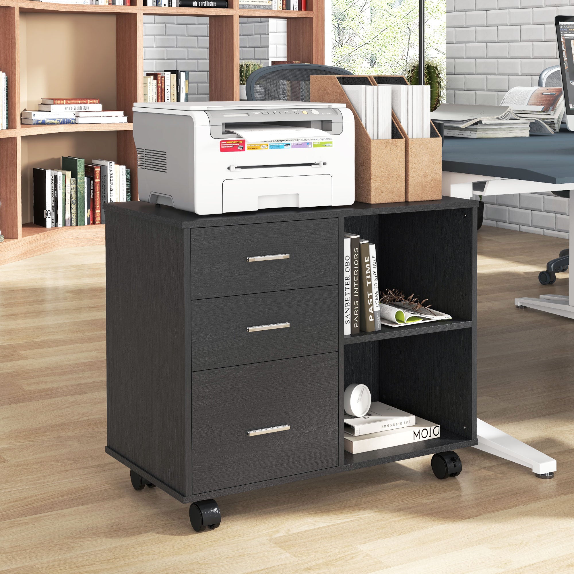 HOMCOM Modern Lateral Filing Cabinet, 3 Drawer File Cabinet for Letter and A4 Size Documents, Mobile, Printer Stand with Open Shelves, Rolling Wheels, Black