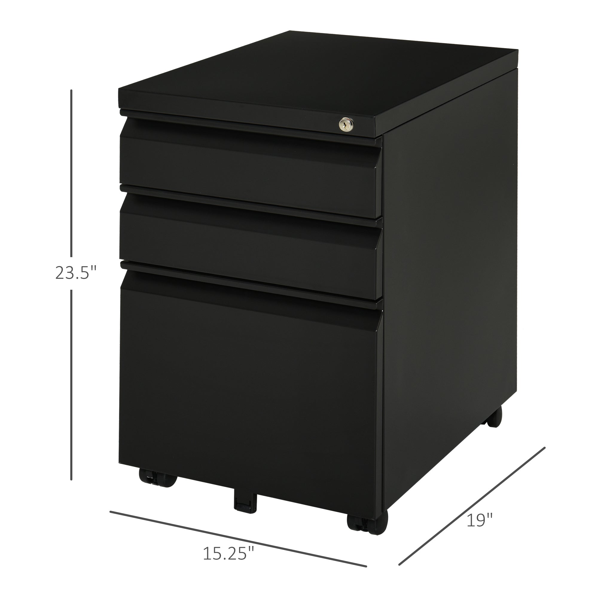 Vinsetto Metal Filing Cabinet with 3 Drawers, Vertical File Cabinet with Lock, Mobile Office Cabinet with Wheels for Legal, Letter, A4 Files, Black