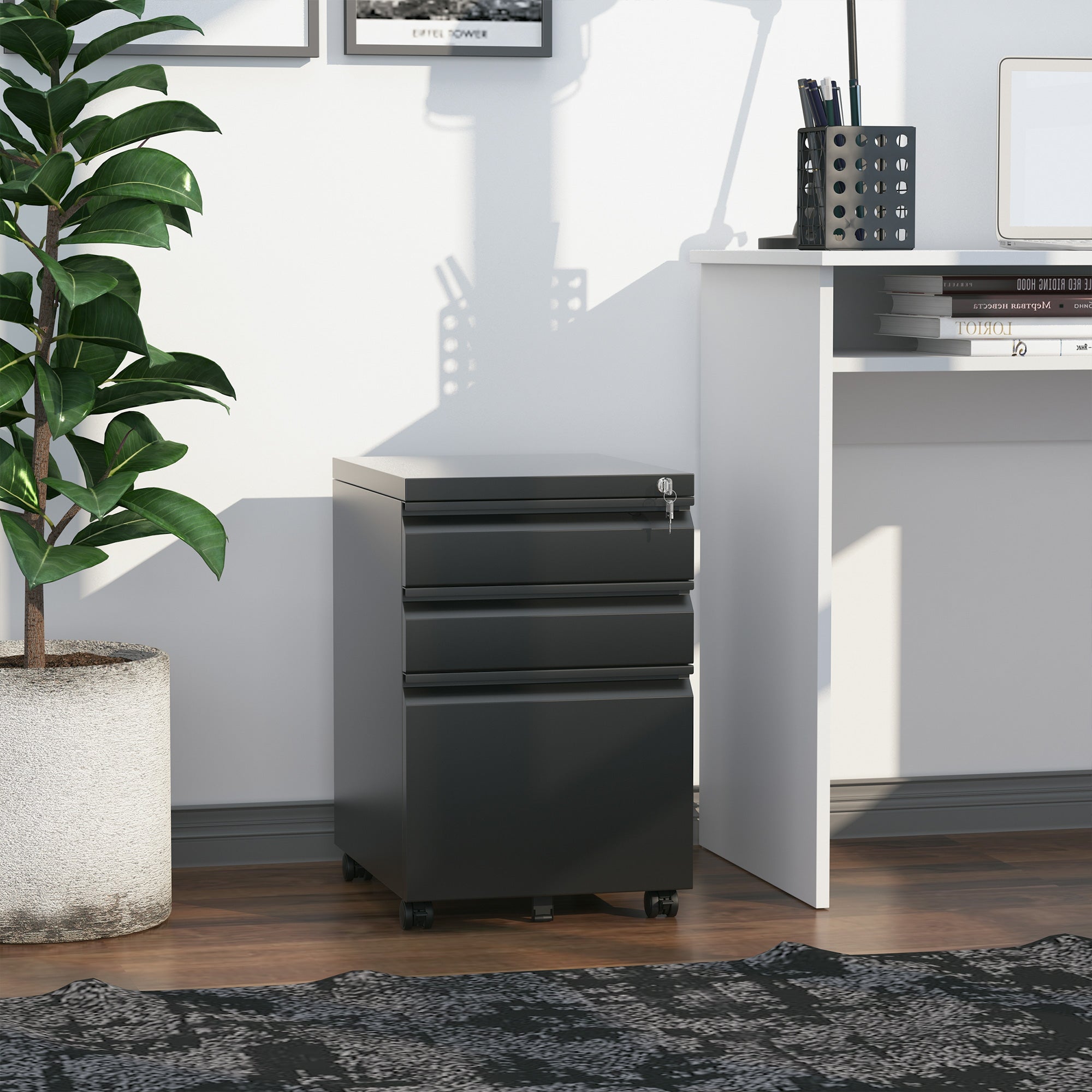 Vinsetto Metal Filing Cabinet with 3 Drawers, Vertical File Cabinet with Lock, Mobile Office Cabinet with Wheels for Legal, Letter, A4 Files, Black