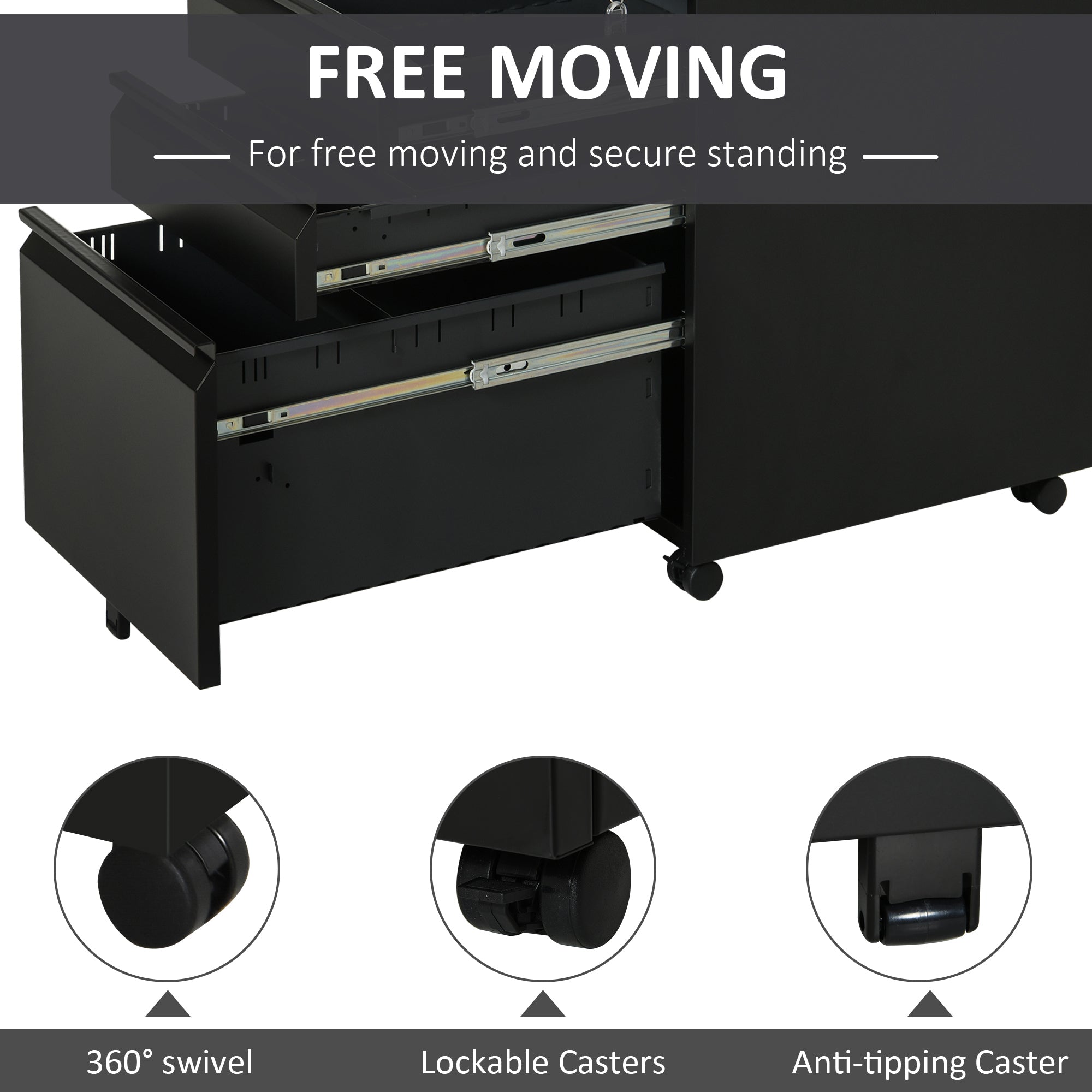 Vinsetto Metal Filing Cabinet with 3 Drawers, Vertical File Cabinet with Lock, Mobile Office Cabinet with Wheels for Legal, Letter, A4 Files, Black