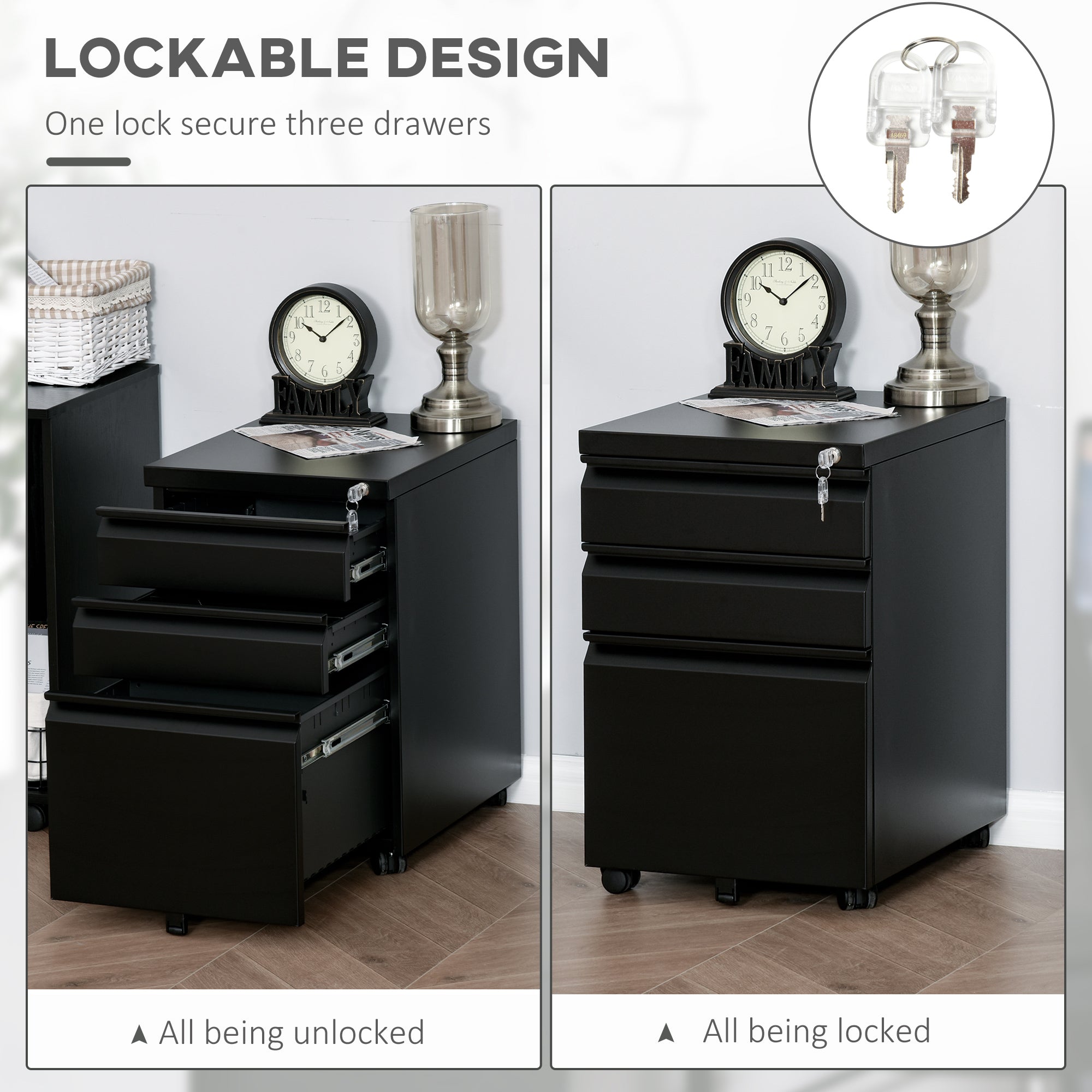 Vinsetto Mobile Vertical File Cabinet Lockable Metal Filling Cabinet with 3 Drawers Anti-tilt Design for Letter A4 Legal Size Fully Assembled Except Casters Black