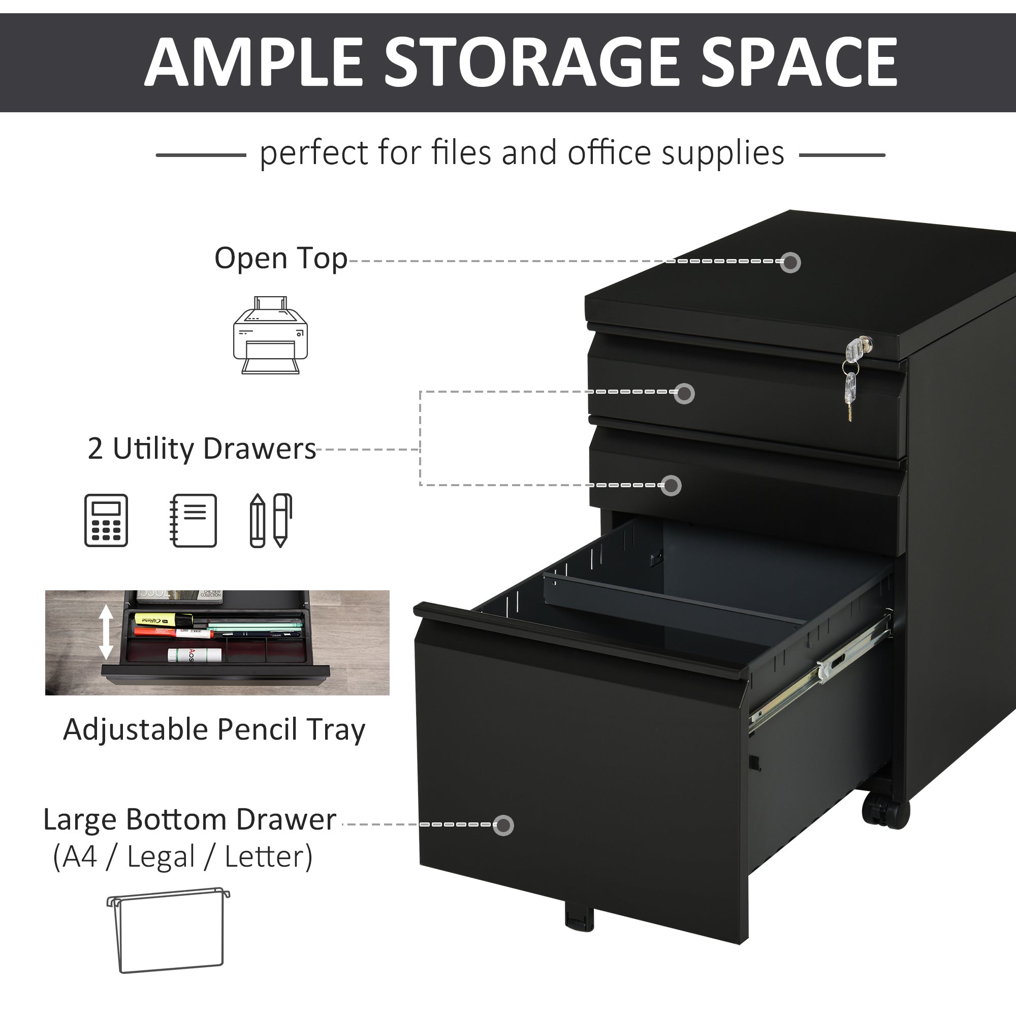 Vinsetto Metal Filing Cabinet with 3 Drawers, Vertical File Cabinet with Lock, Mobile Office Cabinet with Wheels for Legal, Letter, A4 Files, Black