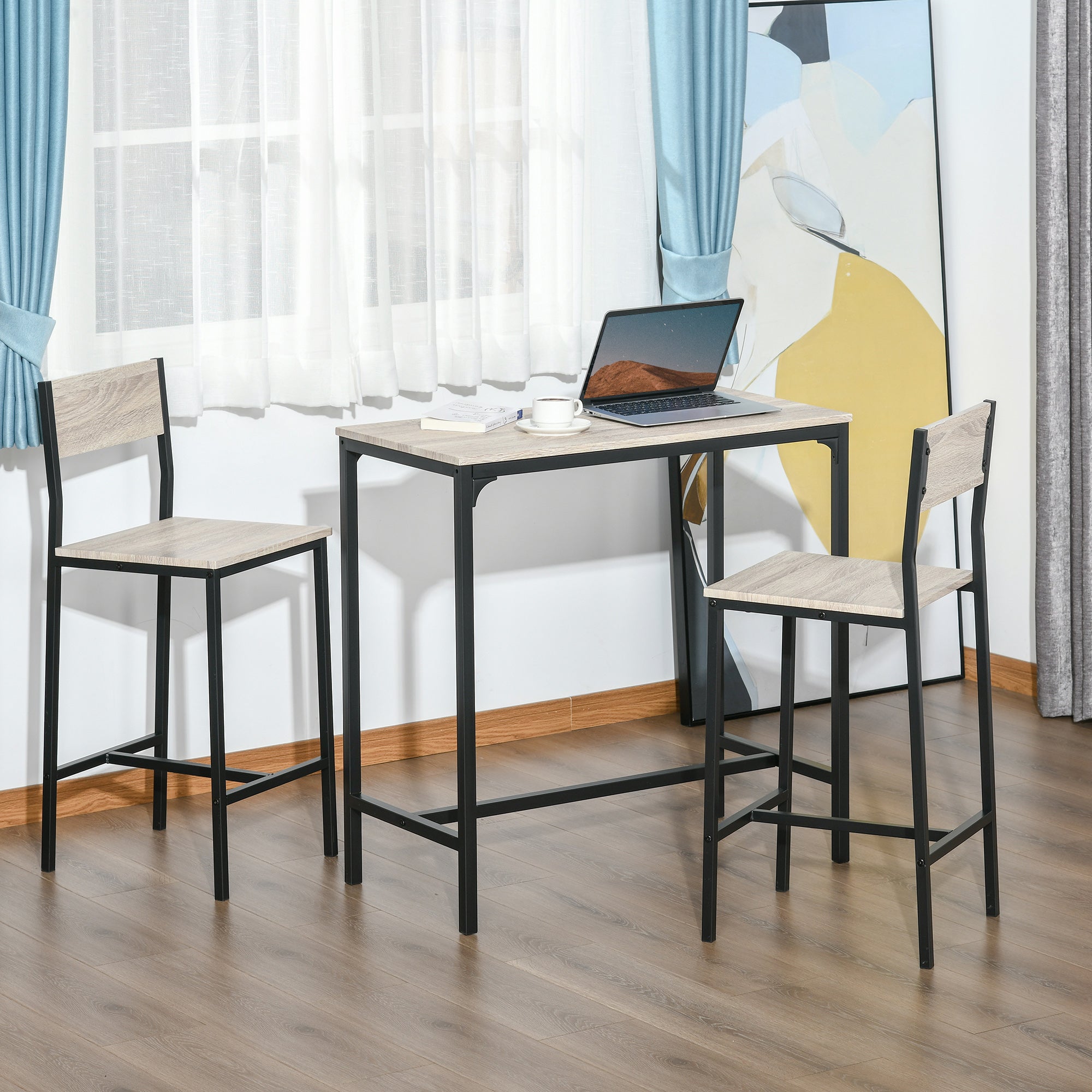 HOMCOM Industrial Bar Table Set Counter Height 3 Piece and 2 High Back Stools Set Dining Table Set for Small Space in the Dining Room