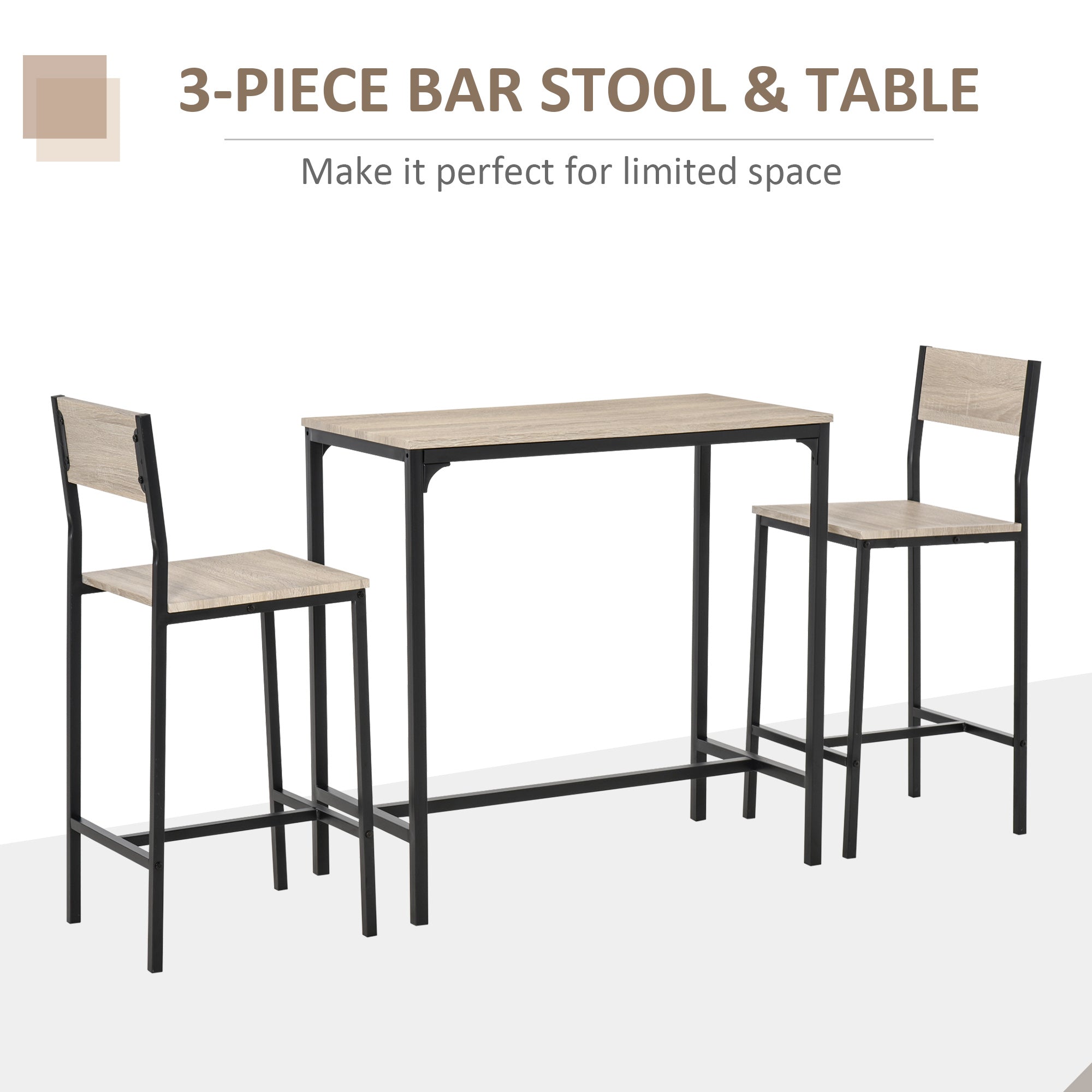 HOMCOM Industrial Bar Table Set Counter Height 3 Piece and 2 High Back Stools Set Dining Table Set for Small Space in the Dining Room