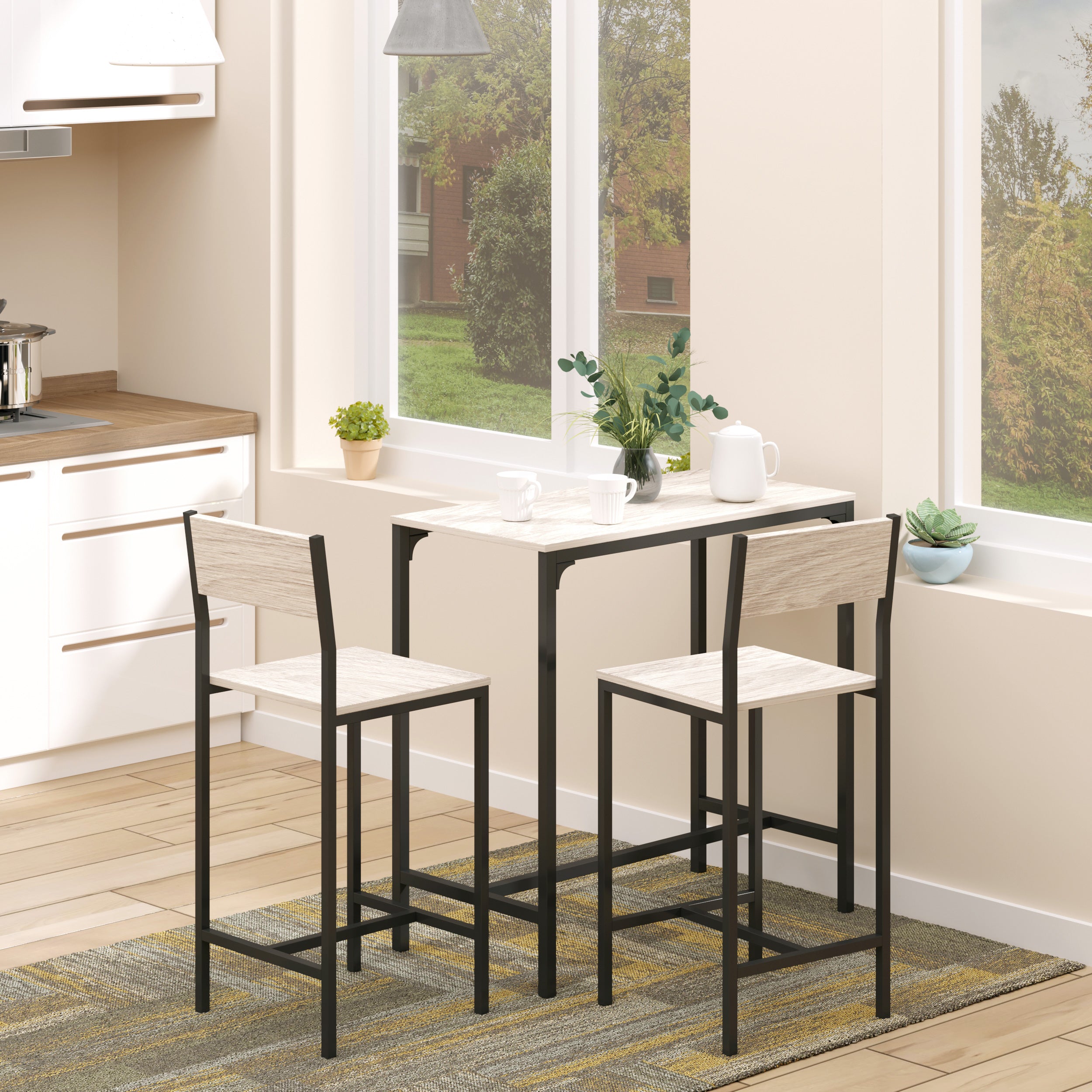 HOMCOM Industrial Bar Table Set Counter Height 3 Piece and 2 High Back Stools Set Dining Table Set for Small Space in the Dining Room