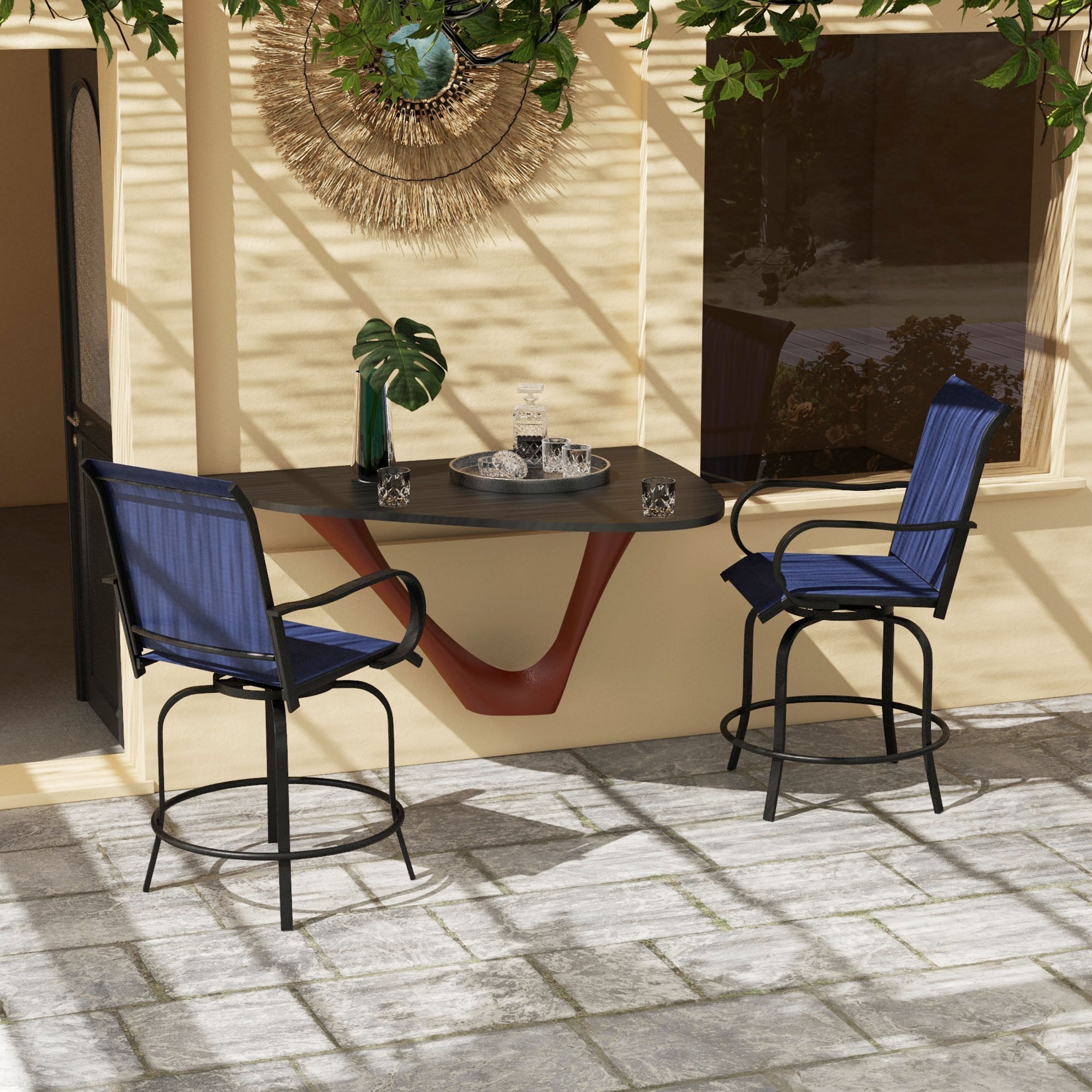 Outsunny Outdoor Bar Stools Set of 2 with Armrests, 360° Swivel Bar Height Patio Chairs with Mesh Fabric, Steel Frame Dining Chairs, for Balcony, Poolside, Backyard, Navy Blue