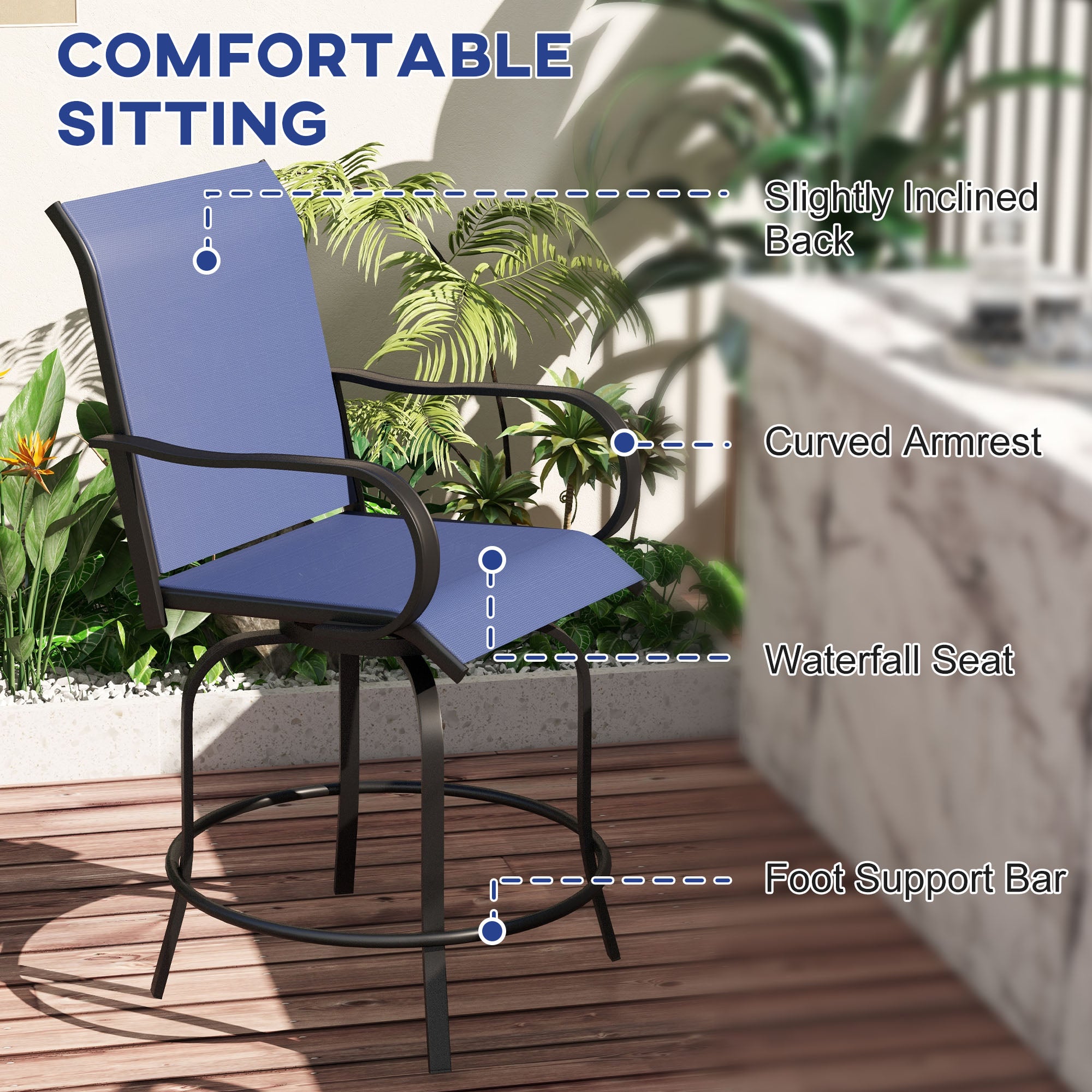 Outsunny Outdoor Bar Stools Set of 2 with Armrests, 360° Swivel Bar Height Patio Chairs with Mesh Fabric, Steel Frame Dining Chairs, for Balcony, Poolside, Backyard, Navy Blue