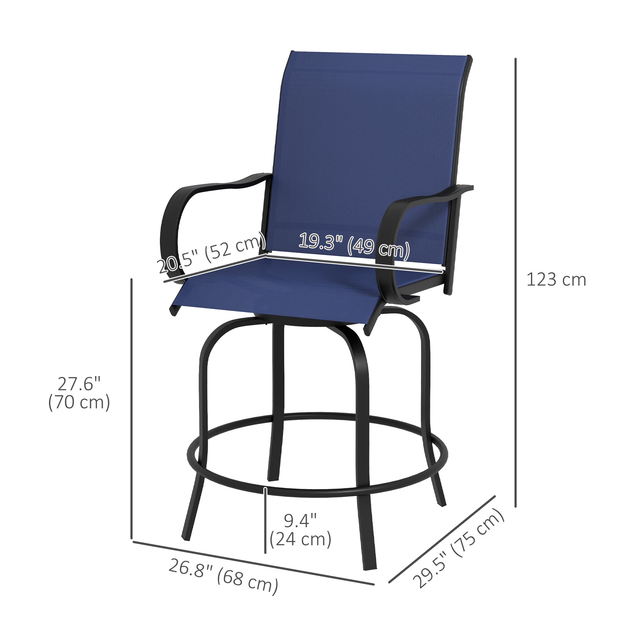 Outsunny Outdoor Bar Stools Set of 2 with Armrests, 360° Swivel Bar Height Patio Chairs with Mesh Fabric, Steel Frame Dining Chairs, for Balcony, Poolside, Backyard, Navy Blue