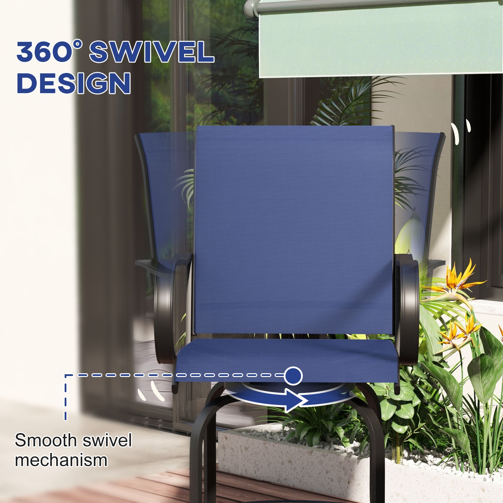 Outsunny Outdoor Bar Stools Set of 2 with Armrests, 360° Swivel Bar Height Patio Chairs with Mesh Fabric, Steel Frame Dining Chairs, for Balcony, Poolside, Backyard, Navy Blue