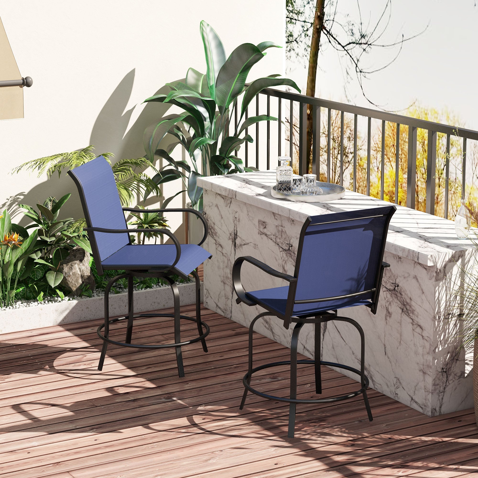 Outsunny Outdoor Bar Stools Set of 2 with Armrests, 360° Swivel Bar Height Patio Chairs with Mesh Fabric, Steel Frame Dining Chairs, for Balcony, Poolside, Backyard, Navy Blue