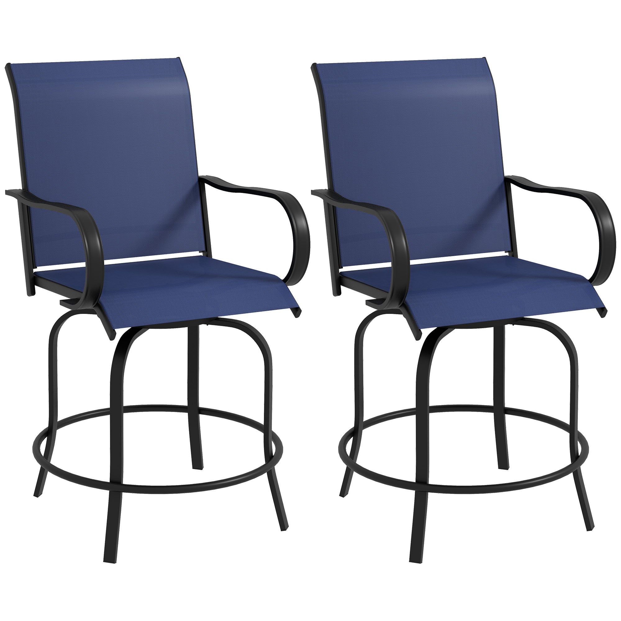 Outsunny Outdoor Bar Stools Set of 2 with Armrests, 360° Swivel Bar Height Patio Chairs with Mesh Fabric, Steel Frame Dining Chairs, for Balcony, Poolside, Backyard, Navy Blue
