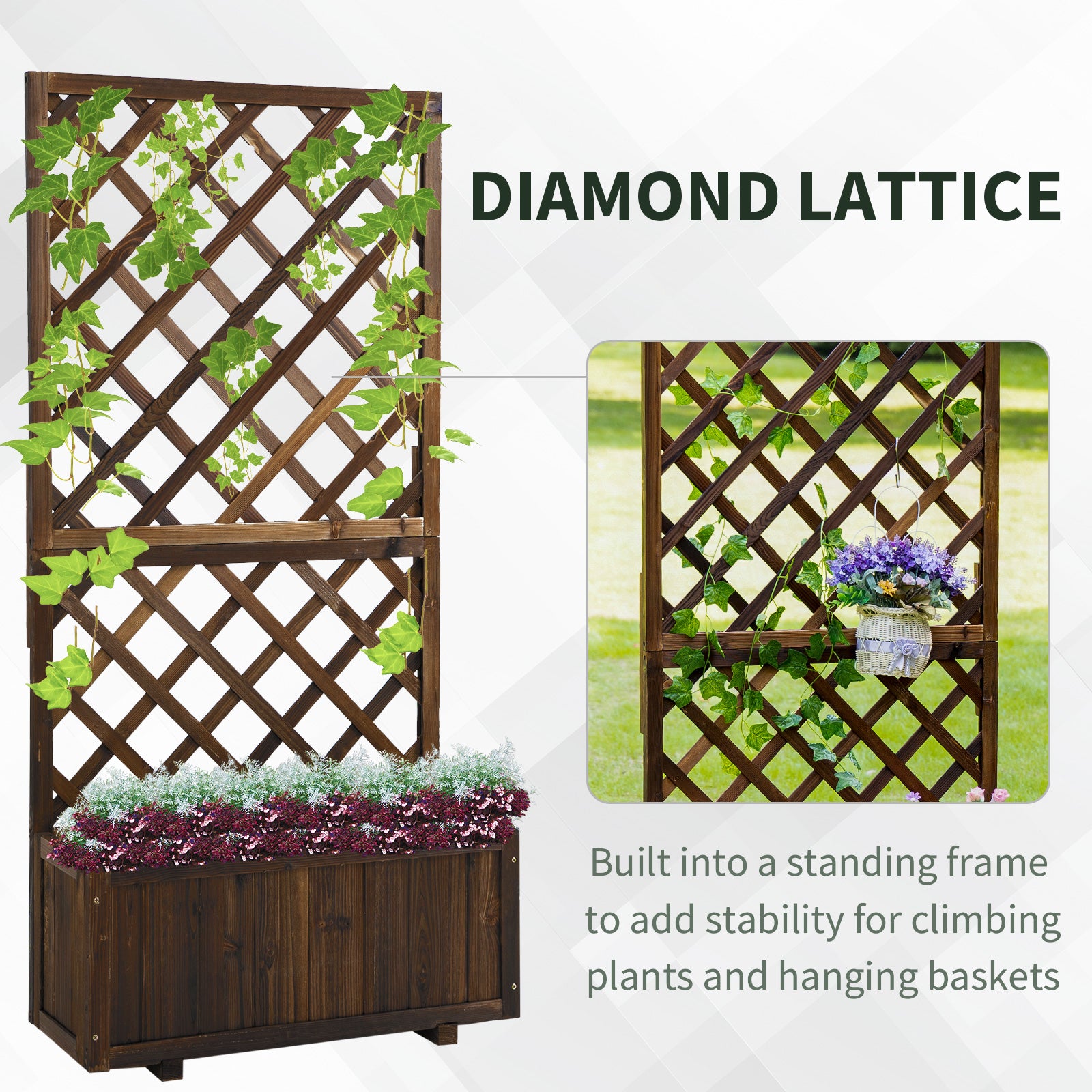 Outsunny 2.4 x 1 x 4.9 ft Raised Garden Bed, Wooden Planter with Topped Trellis for Climbing Plants, Flower Raised Bed, Carbonized