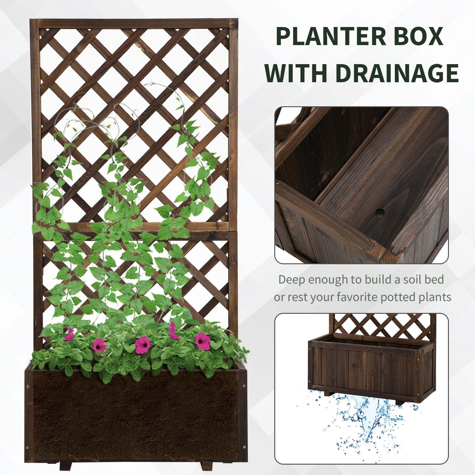Outsunny 2.4 x 1 x 4.9 ft Raised Garden Bed, Wooden Planter with Topped Trellis for Climbing Plants, Flower Raised Bed, Carbonized