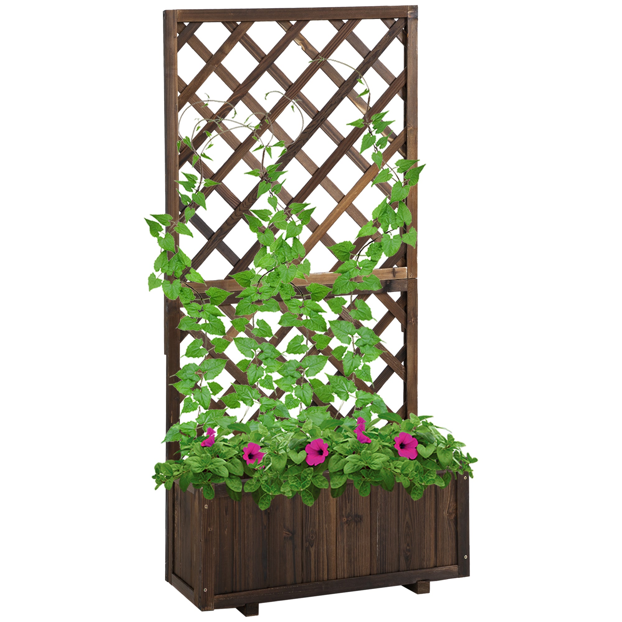 Outsunny 2.4 x 1 x 4.9 ft Raised Garden Bed, Wooden Planter with Topped Trellis for Climbing Plants, Flower Raised Bed, Carbonized