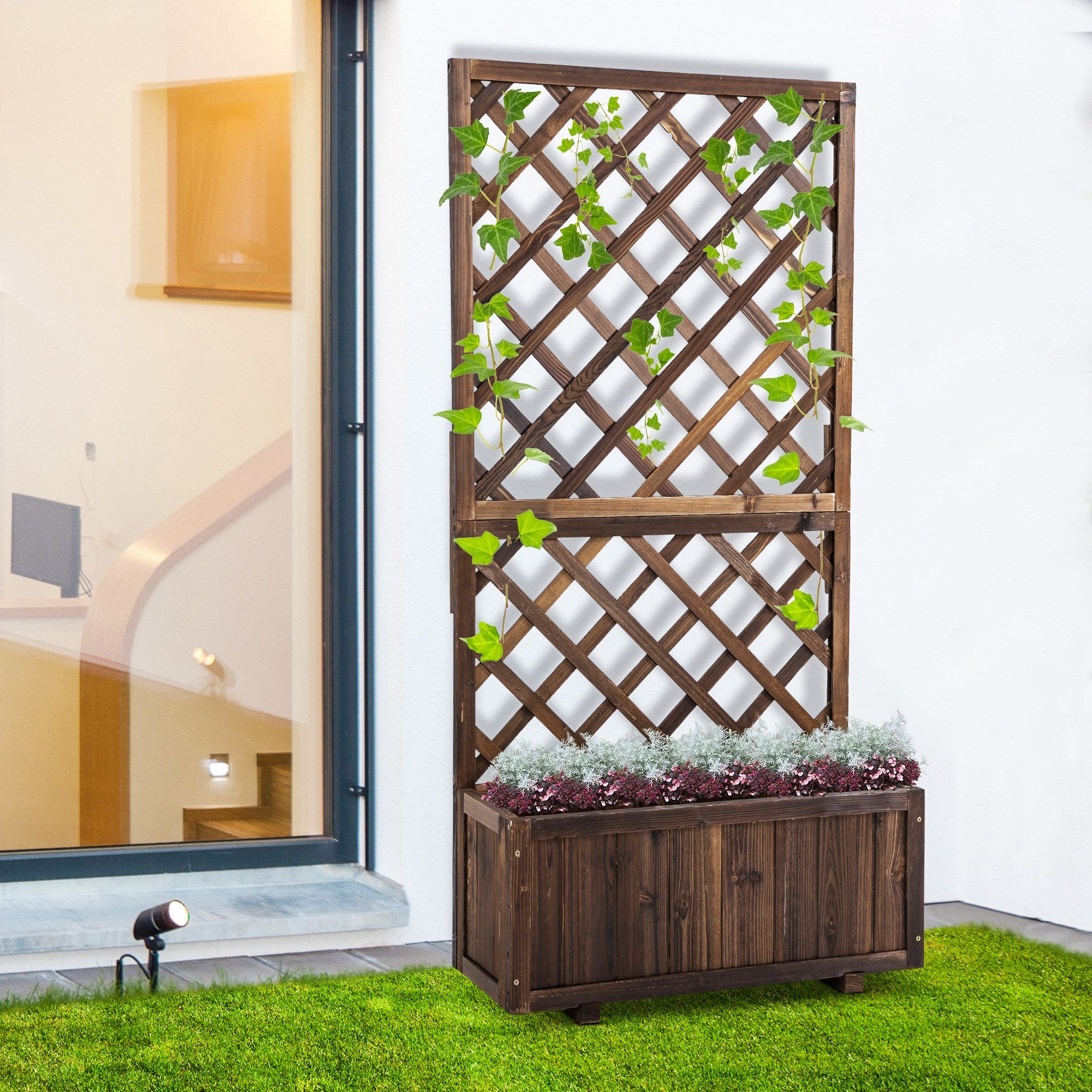 Outsunny 2.4 x 1 x 4.9 ft Raised Garden Bed, Wooden Planter with Topped Trellis for Climbing Plants, Flower Raised Bed, Carbonized