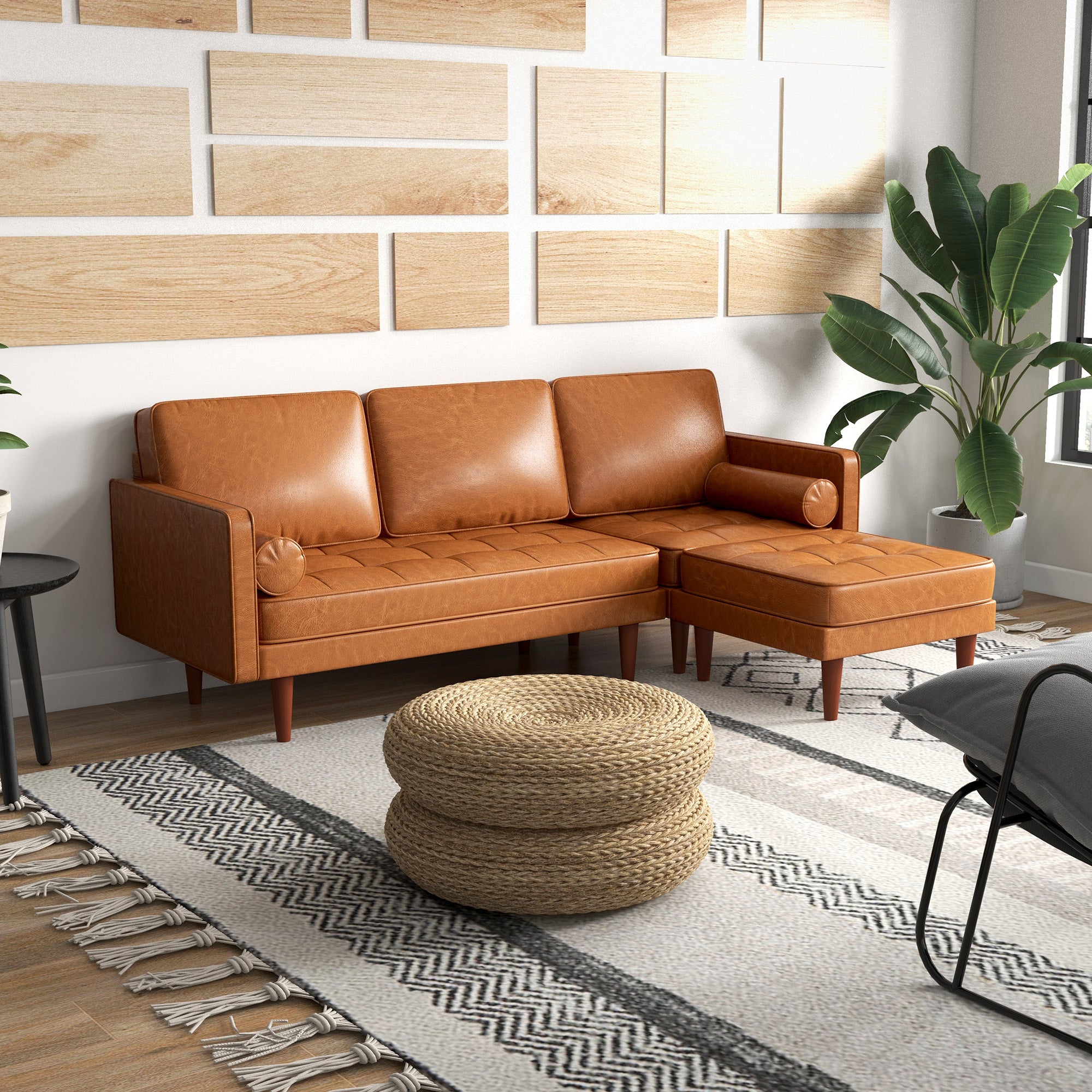 HOMCOM 3-Seater Sectional Sofa with Footstool and 2 Bolster Pillows, L-Shaped Couch with Wooden Legs, Faux Leather Corner Sofa for Living Room, Office, Apartment, Brown