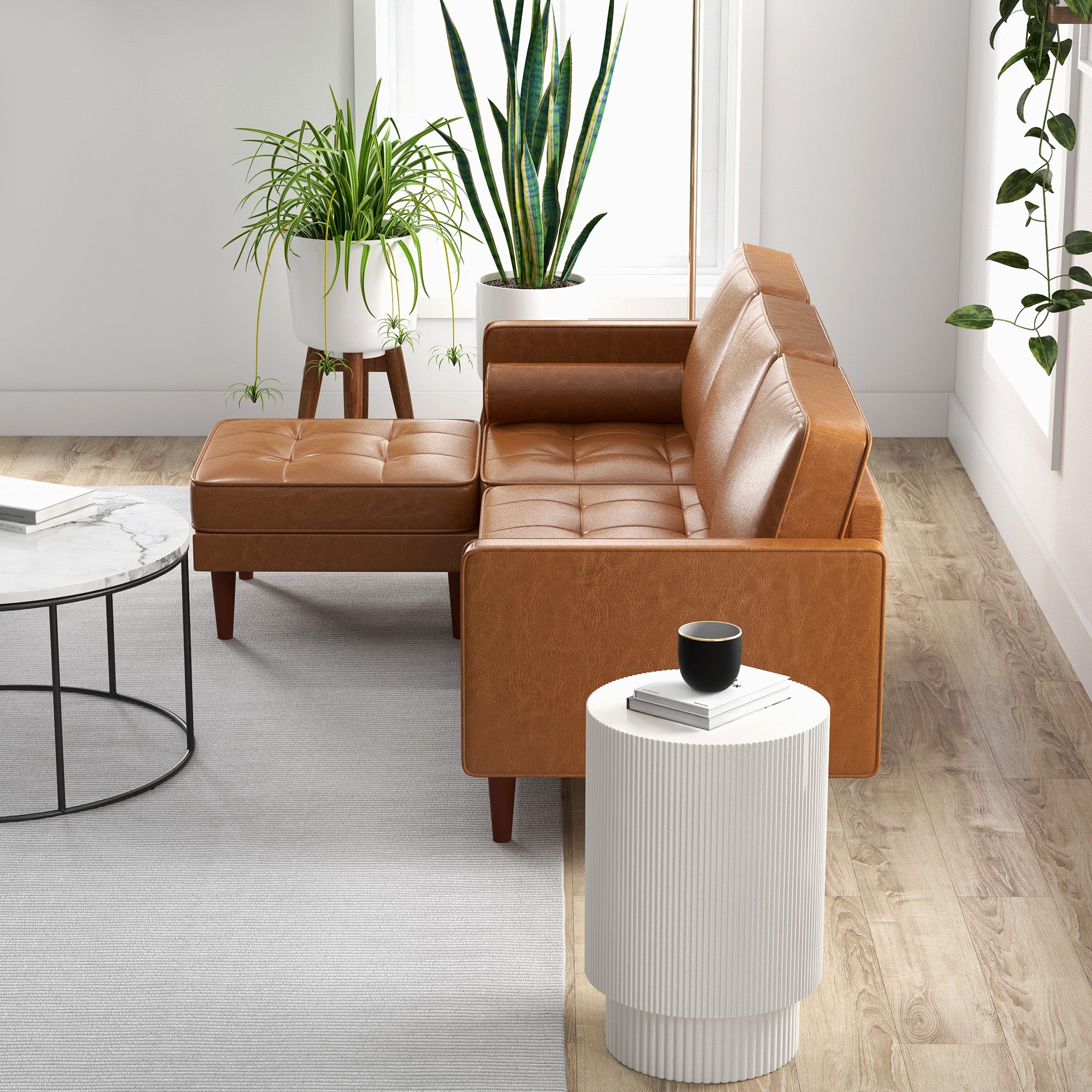 HOMCOM 3-Seater Sectional Sofa with Footstool and 2 Bolster Pillows, L-Shaped Couch with Wooden Legs, Faux Leather Corner Sofa for Living Room, Office, Apartment, Brown