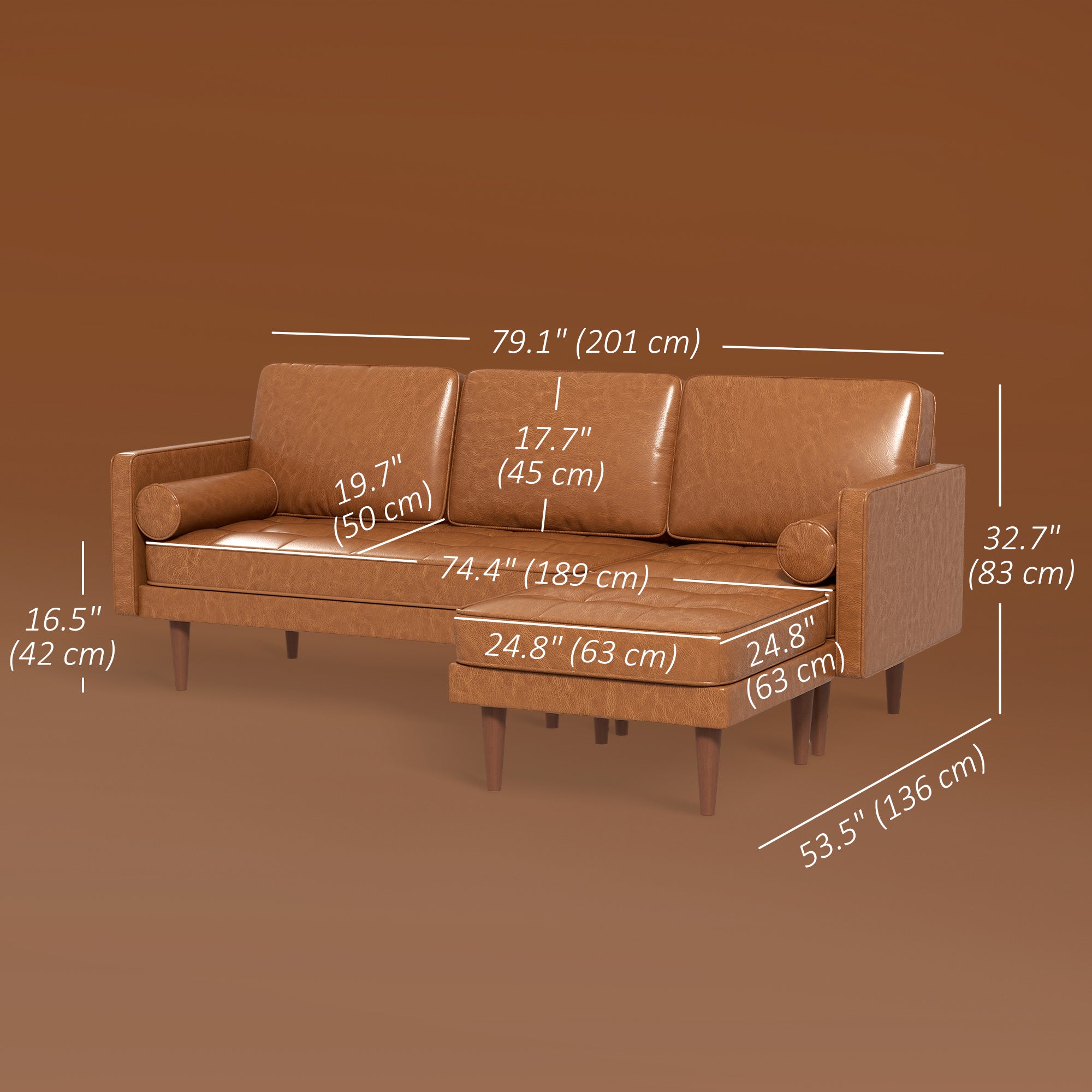 HOMCOM 3-Seater Sectional Sofa with Footstool and 2 Bolster Pillows, L-Shaped Couch with Wooden Legs, Faux Leather Corner Sofa for Living Room, Office, Apartment, Brown