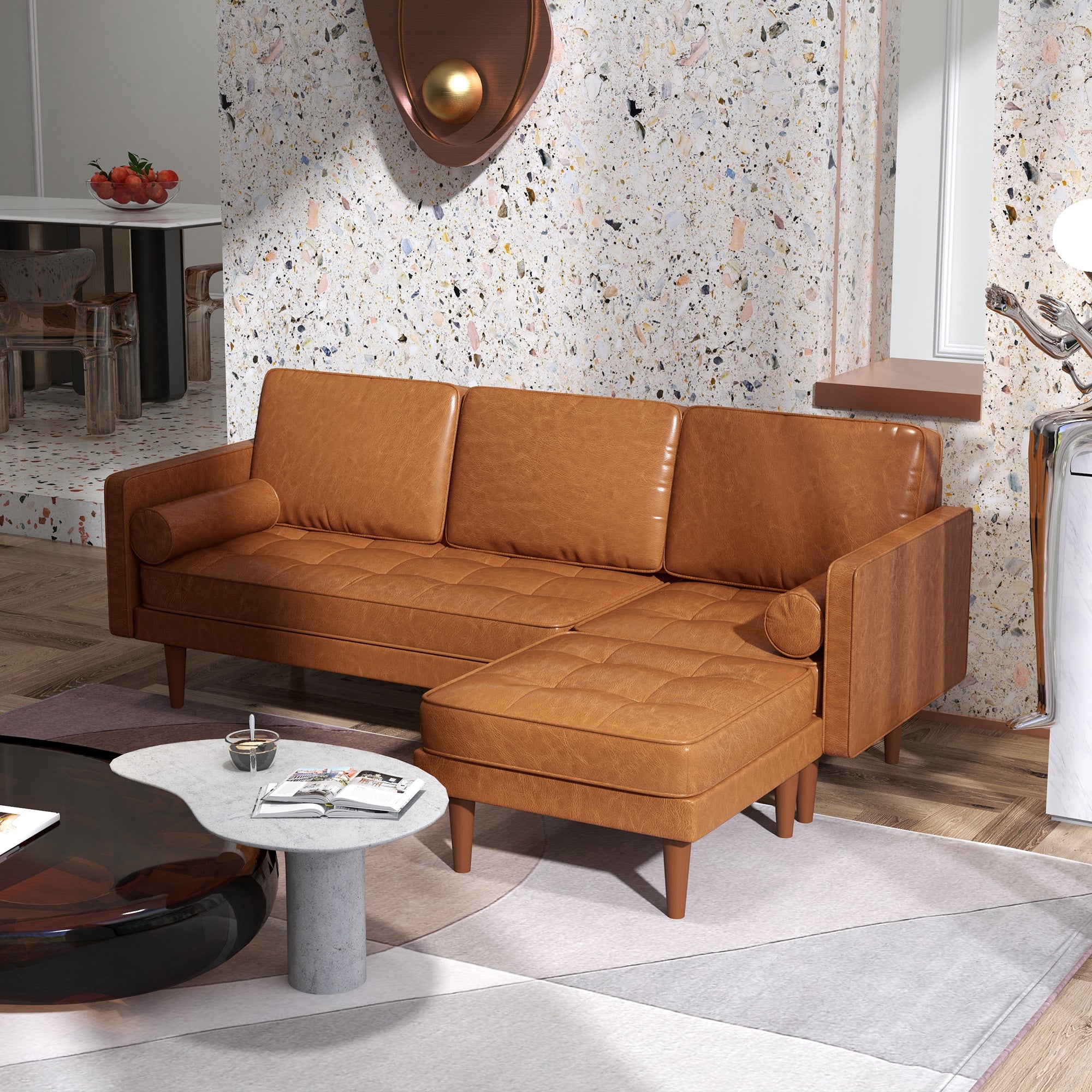 HOMCOM 3-Seater Sectional Sofa with Footstool and 2 Bolster Pillows, L-Shaped Couch with Wooden Legs, Faux Leather Corner Sofa for Living Room, Office, Apartment, Brown
