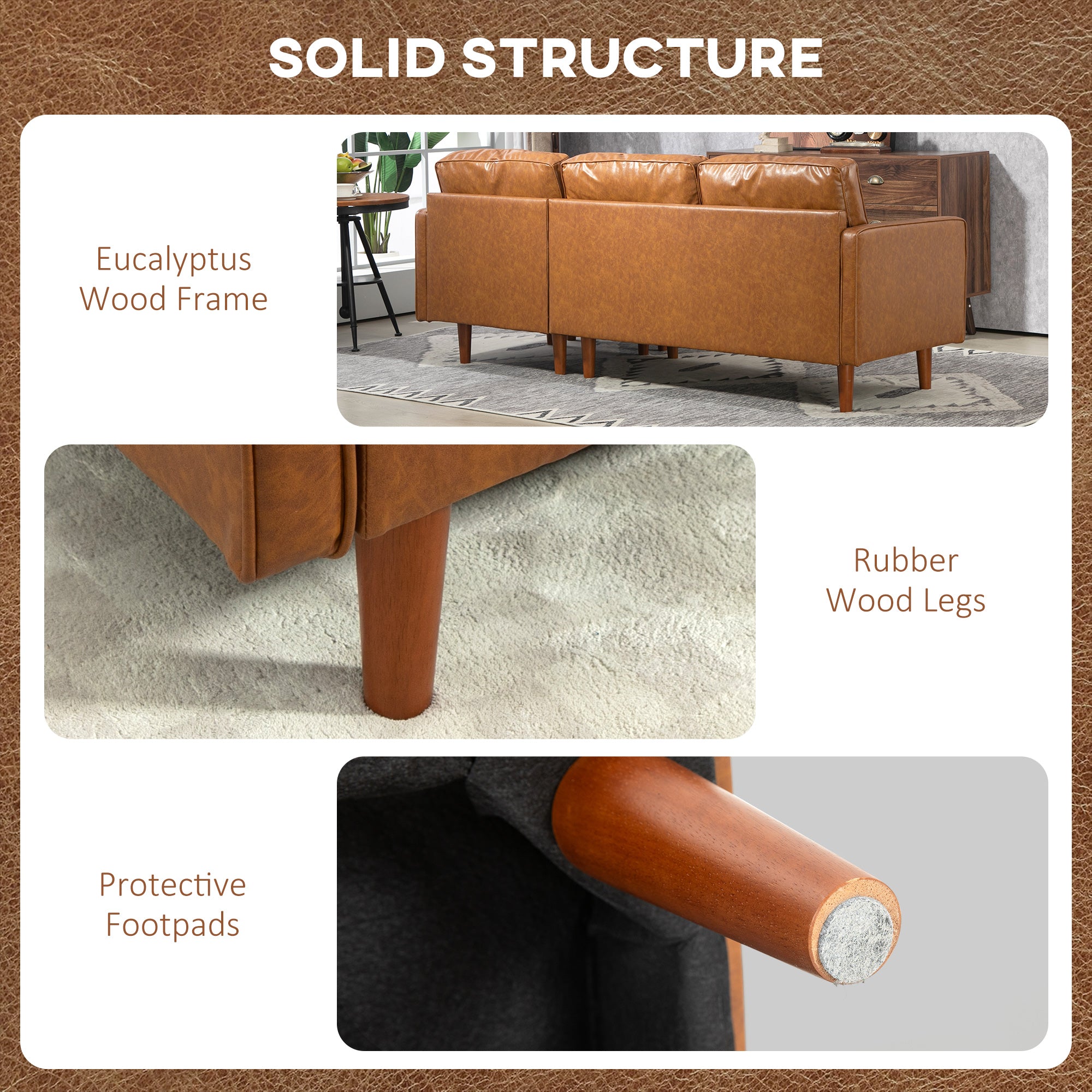 HOMCOM 3-Seater Sectional Sofa with Footstool and 2 Bolster Pillows, L-Shaped Couch with Wooden Legs, Faux Leather Corner Sofa for Living Room, Office, Apartment, Brown