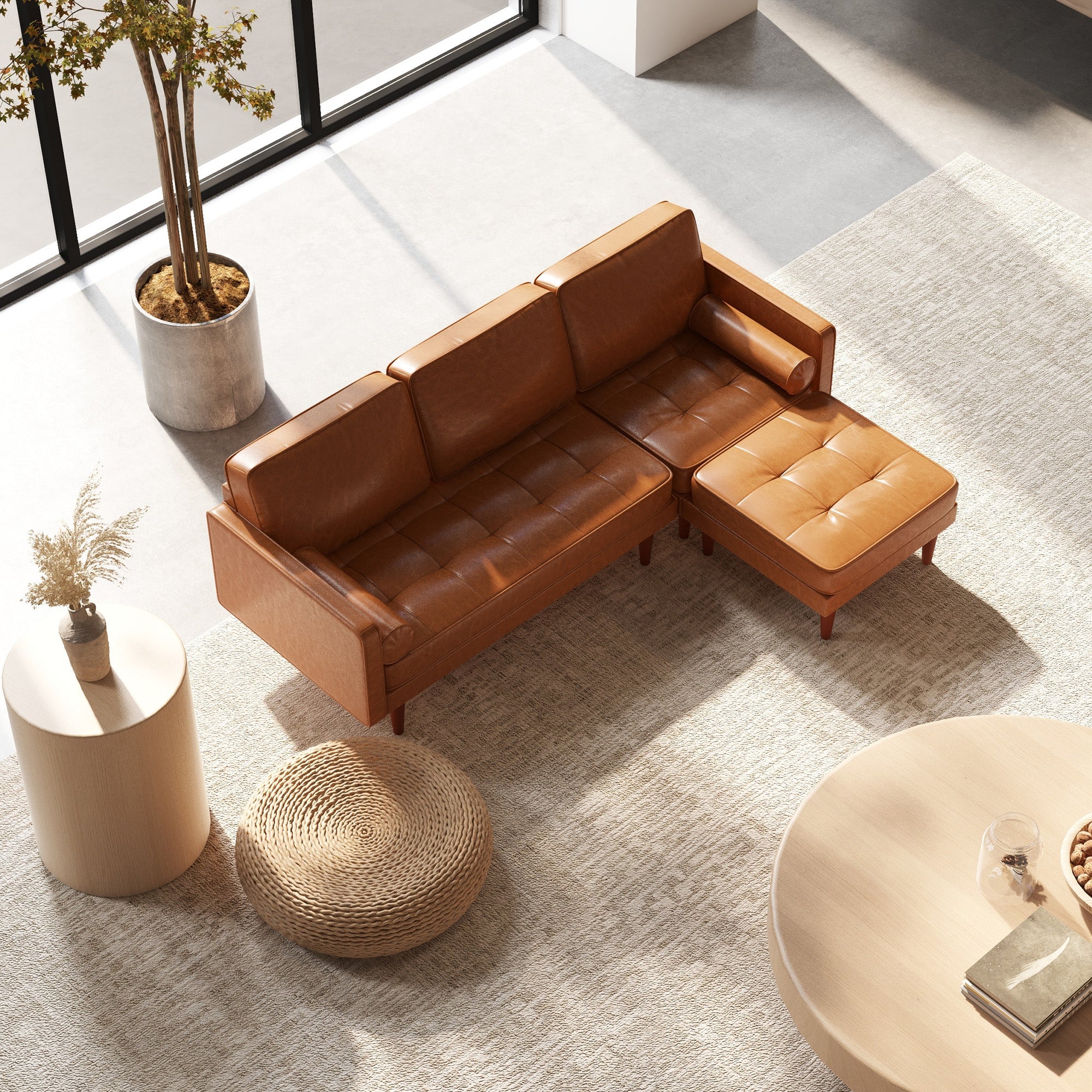 HOMCOM 3-Seater Sectional Sofa with Footstool and 2 Bolster Pillows, L-Shaped Couch with Wooden Legs, Faux Leather Corner Sofa for Living Room, Office, Apartment, Brown