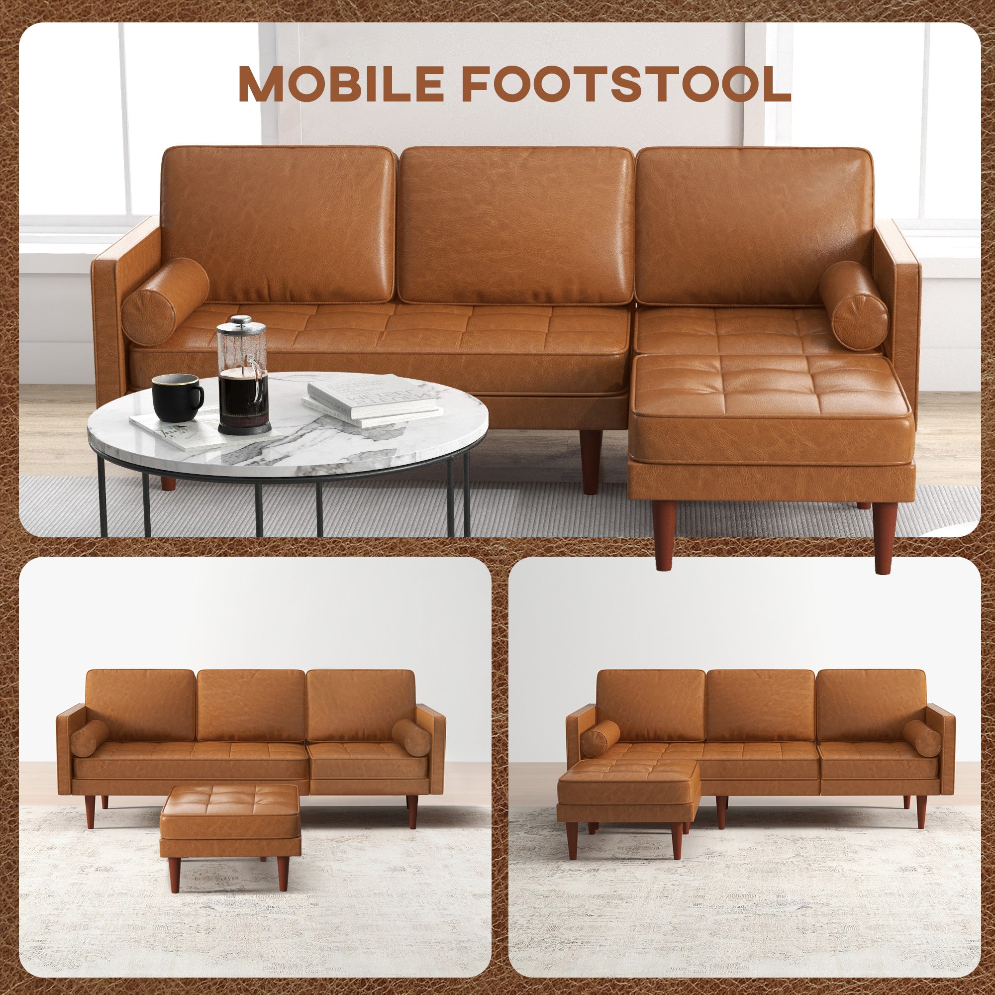 HOMCOM 3-Seater Sectional Sofa with Footstool and 2 Bolster Pillows, L-Shaped Couch with Wooden Legs, Faux Leather Corner Sofa for Living Room, Office, Apartment, Brown