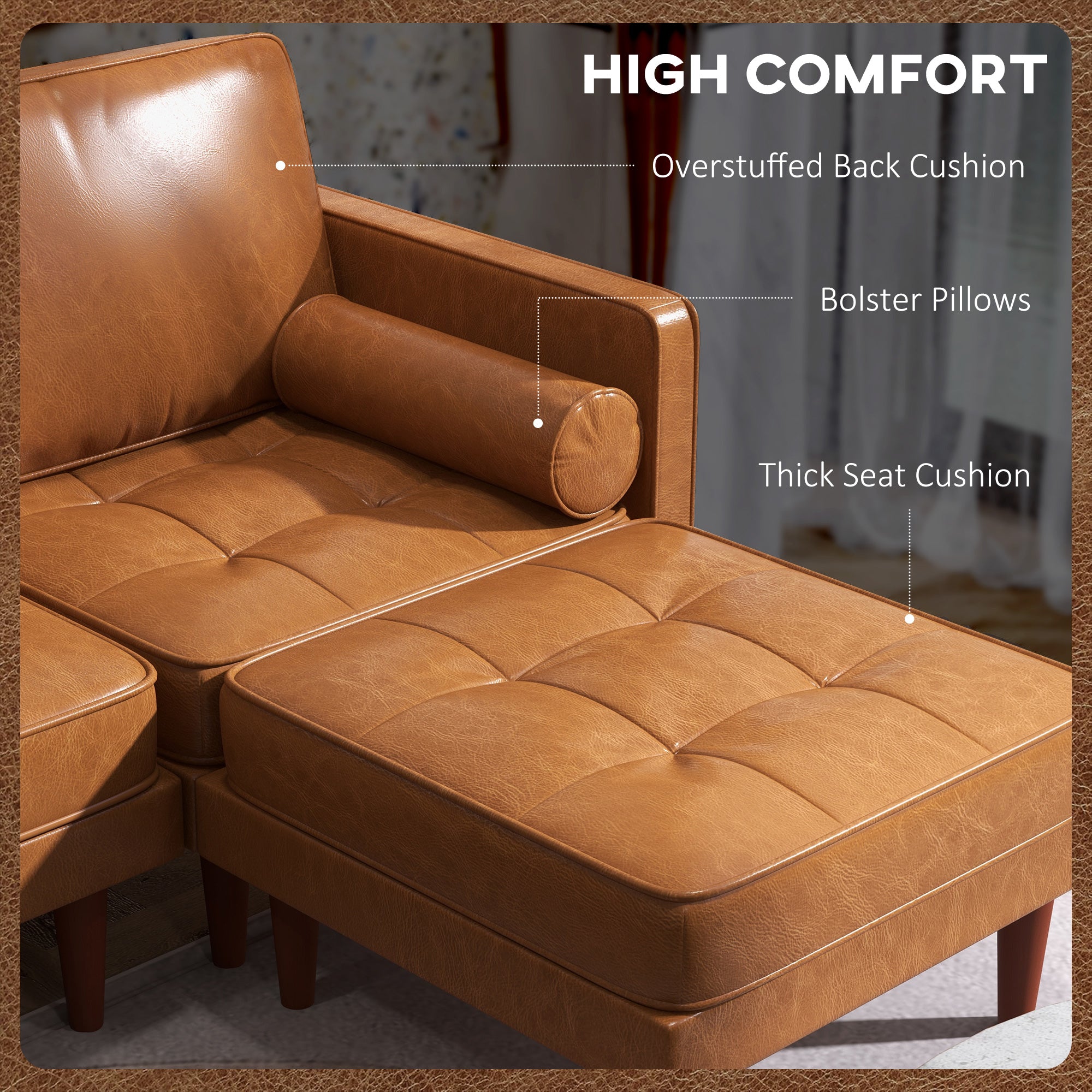 HOMCOM 3-Seater Sectional Sofa with Footstool and 2 Bolster Pillows, L-Shaped Couch with Wooden Legs, Faux Leather Corner Sofa for Living Room, Office, Apartment, Brown