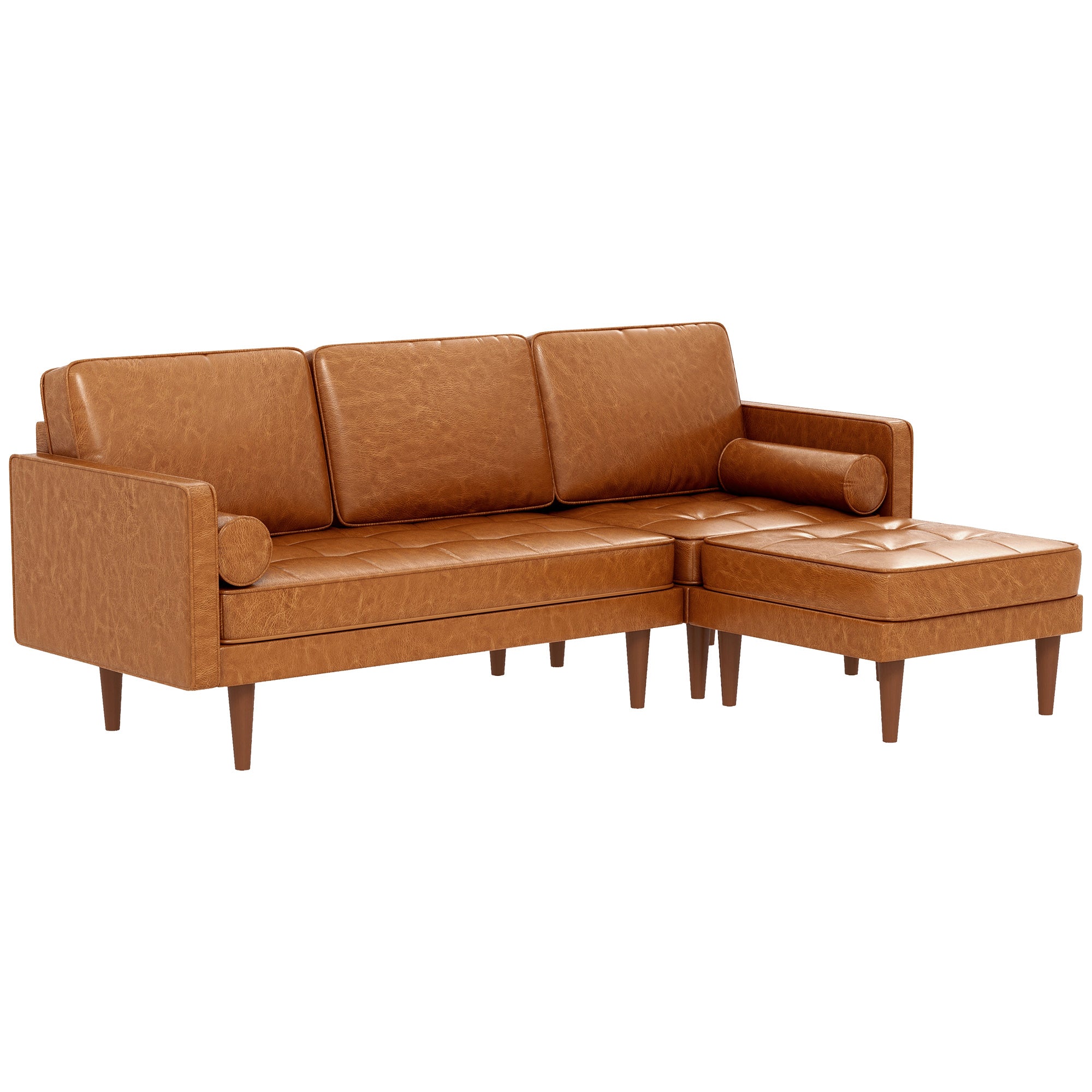 HOMCOM 3-Seater Sectional Sofa with Footstool and 2 Bolster Pillows, L-Shaped Couch with Wooden Legs, Faux Leather Corner Sofa for Living Room, Office, Apartment, Brown