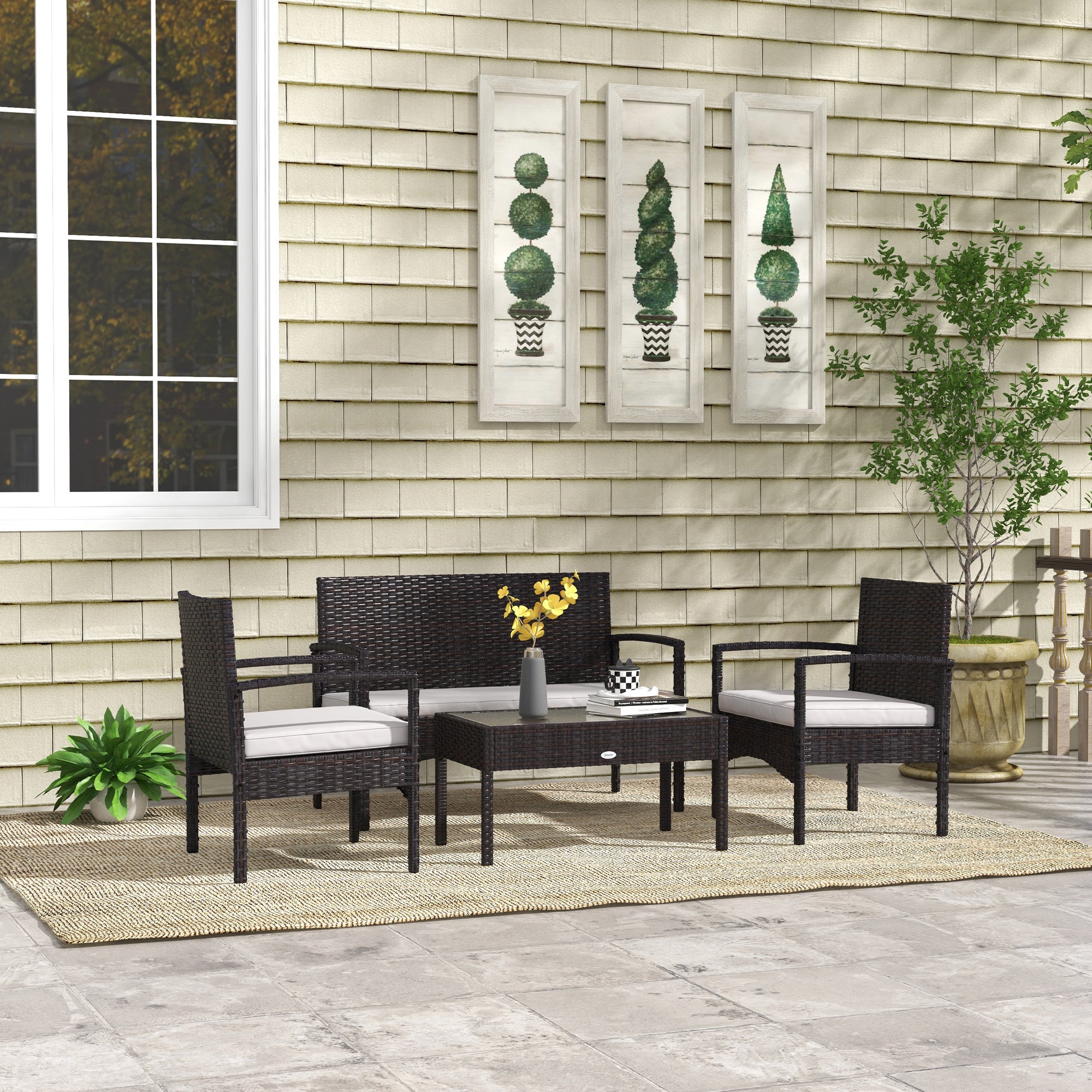 Outsunny 4 PCs PE Rattan Patio Furniture with Loveseat Sofa, Armchairs, Glass Coffee Table, Outdoor Wicker Conversation Sofa Set with Cushions, for Backyard, Garden, White