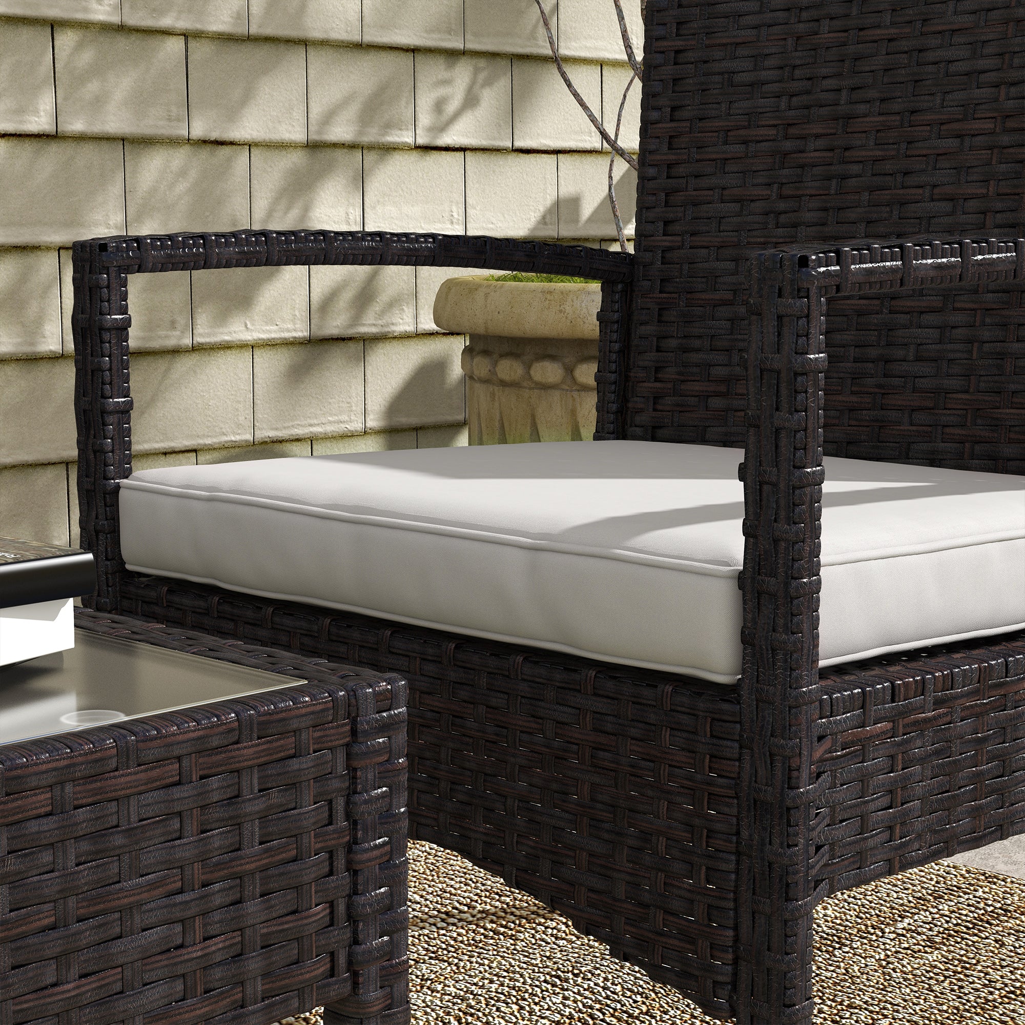 Outsunny 4 PCs PE Rattan Patio Furniture with Loveseat Sofa, Armchairs, Glass Coffee Table, Outdoor Wicker Conversation Sofa Set with Cushions, for Backyard, Garden, White