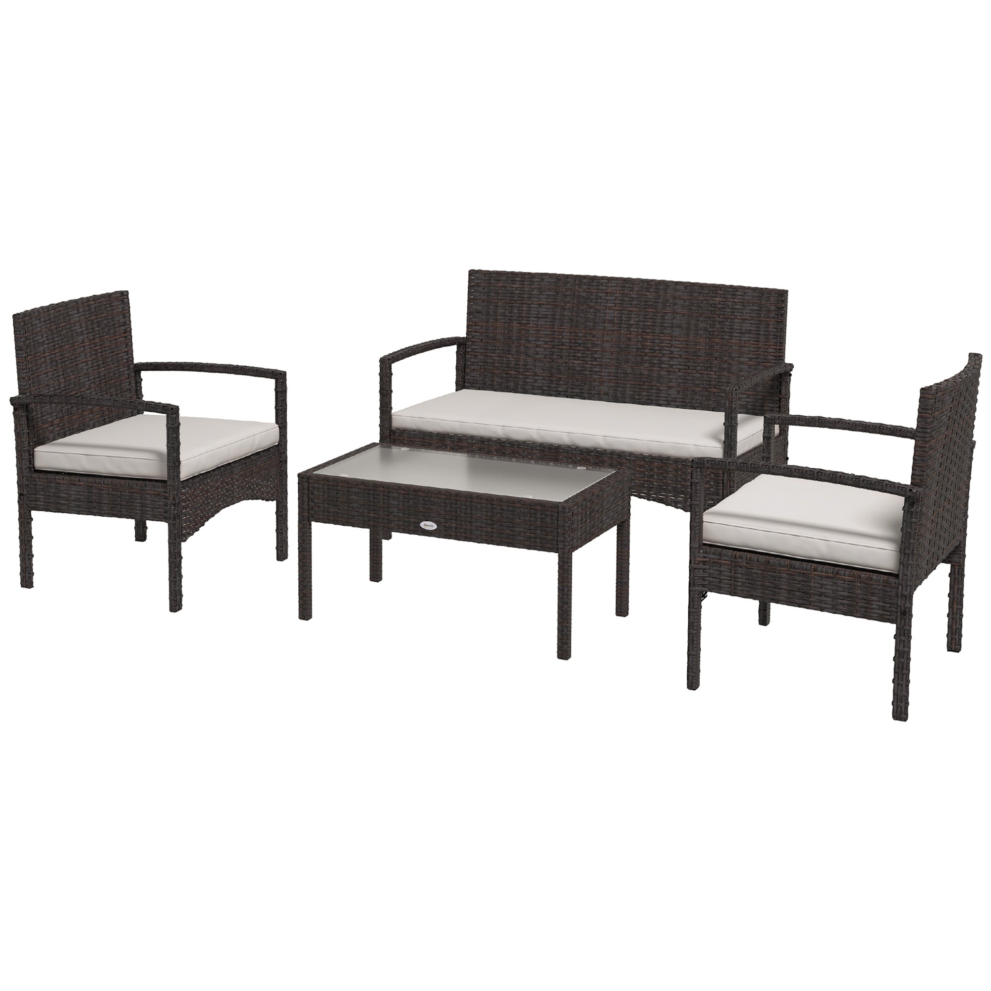 Outsunny 4 PCs PE Rattan Patio Furniture with Loveseat Sofa, Armchairs, Glass Coffee Table, Outdoor Wicker Conversation Sofa Set with Cushions, for Backyard, Garden, White