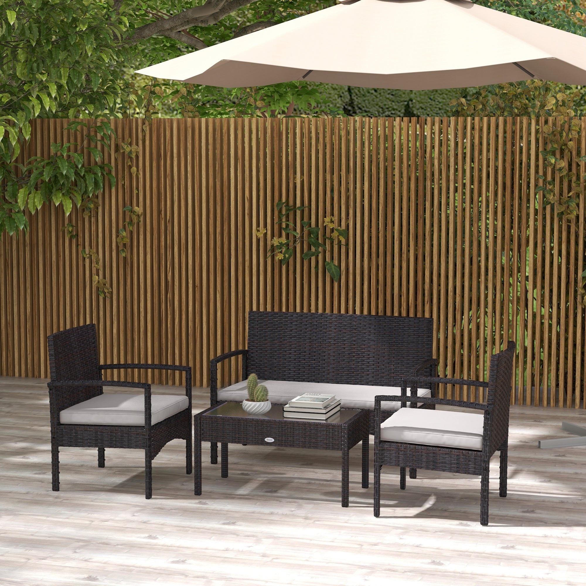 Outsunny 4 PCs PE Rattan Patio Furniture with Loveseat Sofa, Armchairs, Glass Coffee Table, Outdoor Wicker Conversation Sofa Set with Cushions, for Backyard, Garden, White