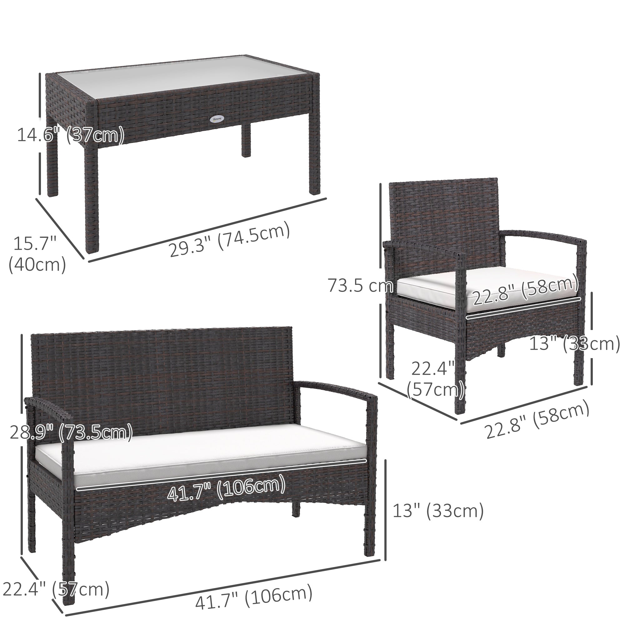 Outsunny 4 PCs PE Rattan Patio Furniture with Loveseat Sofa, Armchairs, Glass Coffee Table, Outdoor Wicker Conversation Sofa Set with Cushions, for Backyard, Garden, White