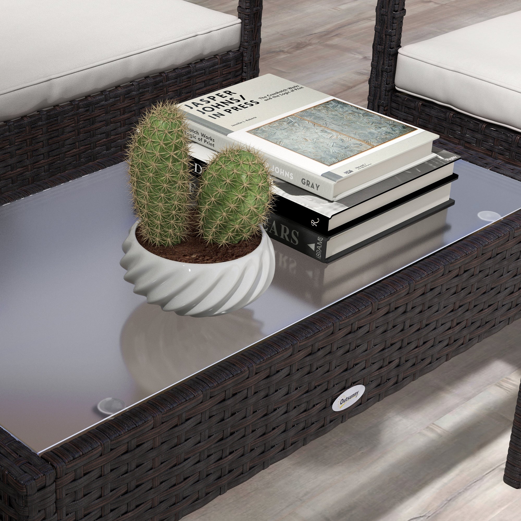 Outsunny 4 PCs PE Rattan Patio Furniture with Loveseat Sofa, Armchairs, Glass Coffee Table, Outdoor Wicker Conversation Sofa Set with Cushions, for Backyard, Garden, White