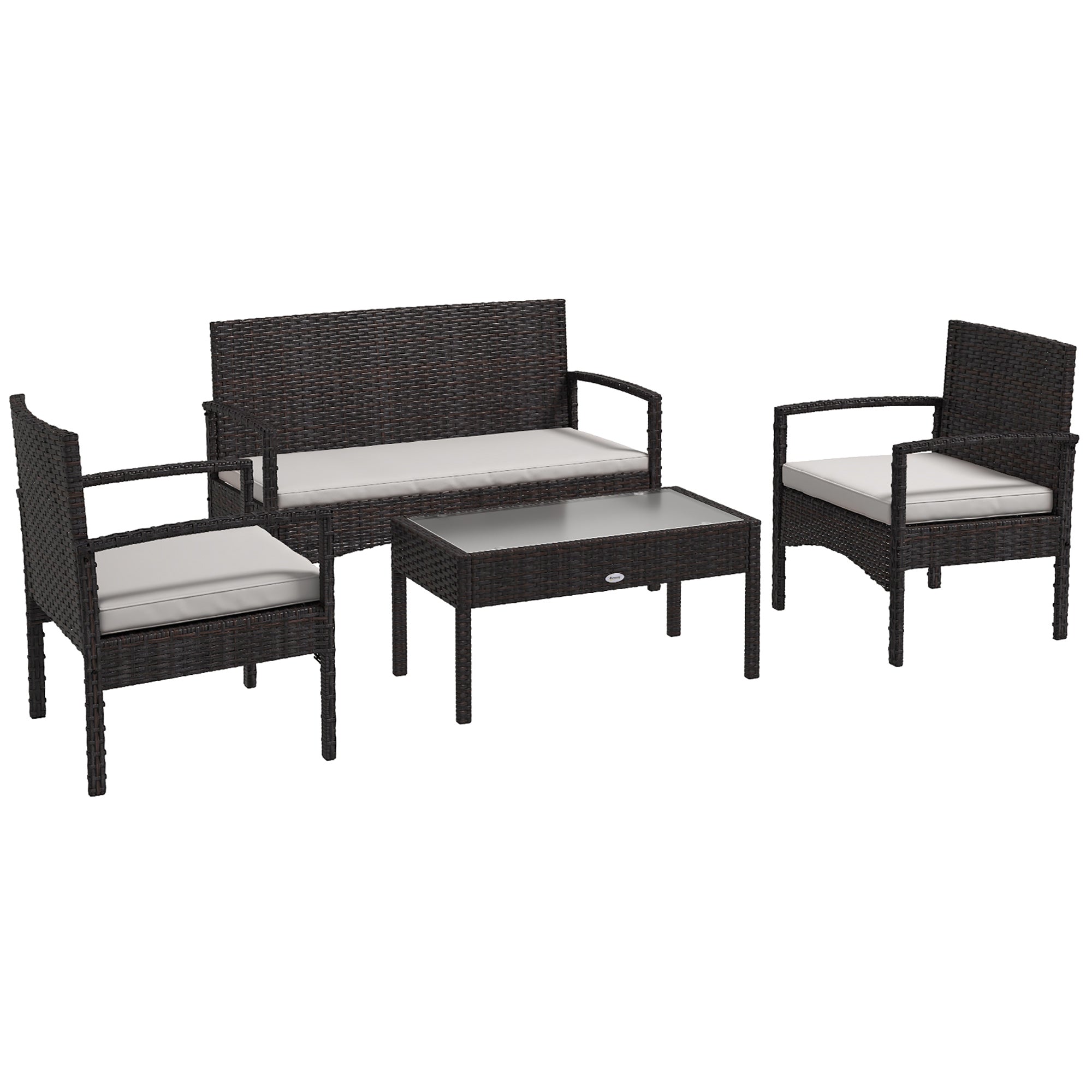 Outsunny 4 PCs PE Rattan Patio Furniture with Loveseat Sofa, Armchairs, Glass Coffee Table, Outdoor Wicker Conversation Sofa Set with Cushions, for Backyard, Garden, White