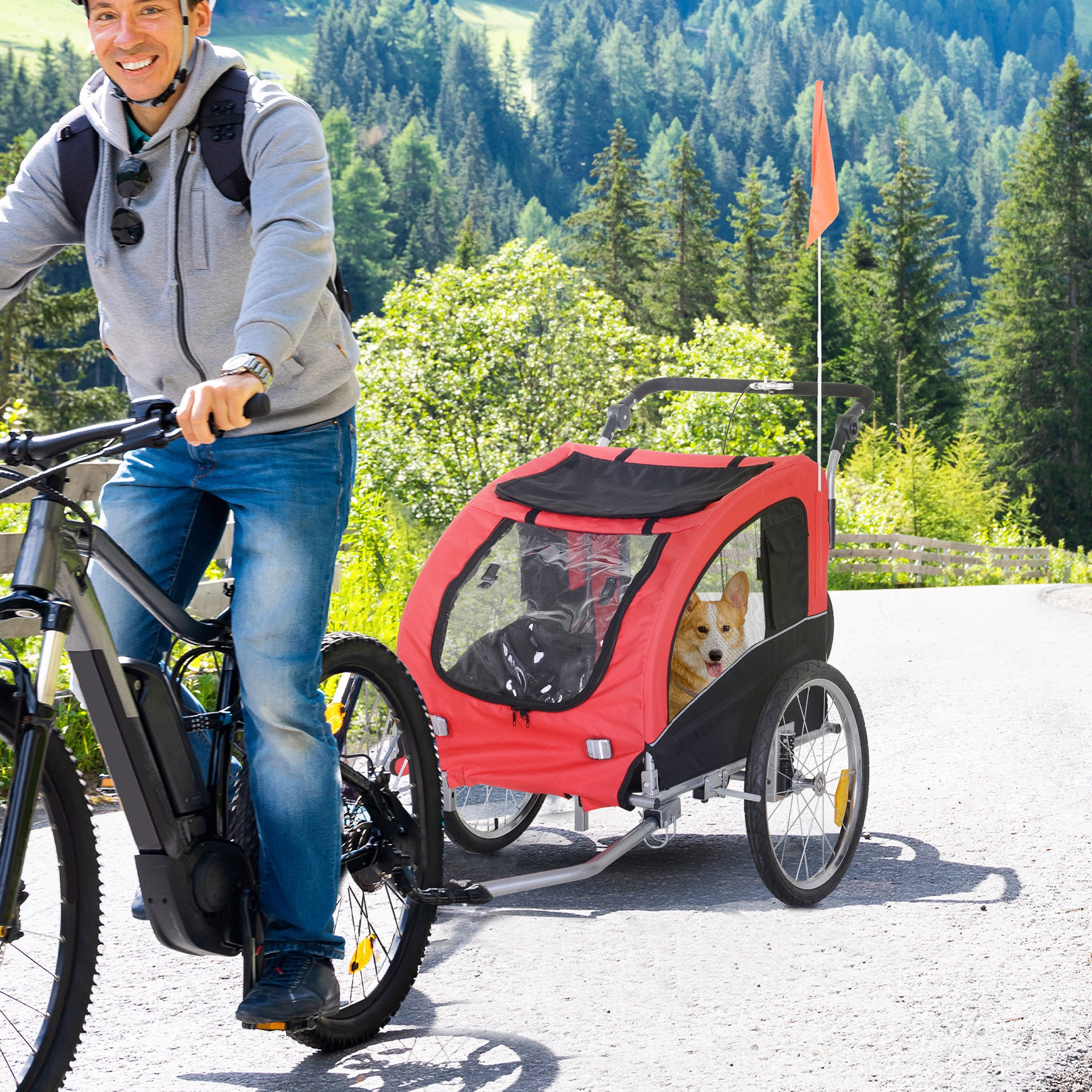 Aosom Dog Bike Trailer 2-In-1 Pet Stroller Cart Bicycle Wagon Cargo Carrier Attachment for Travel with Suspension, Hitch, Storage Pockets, Red