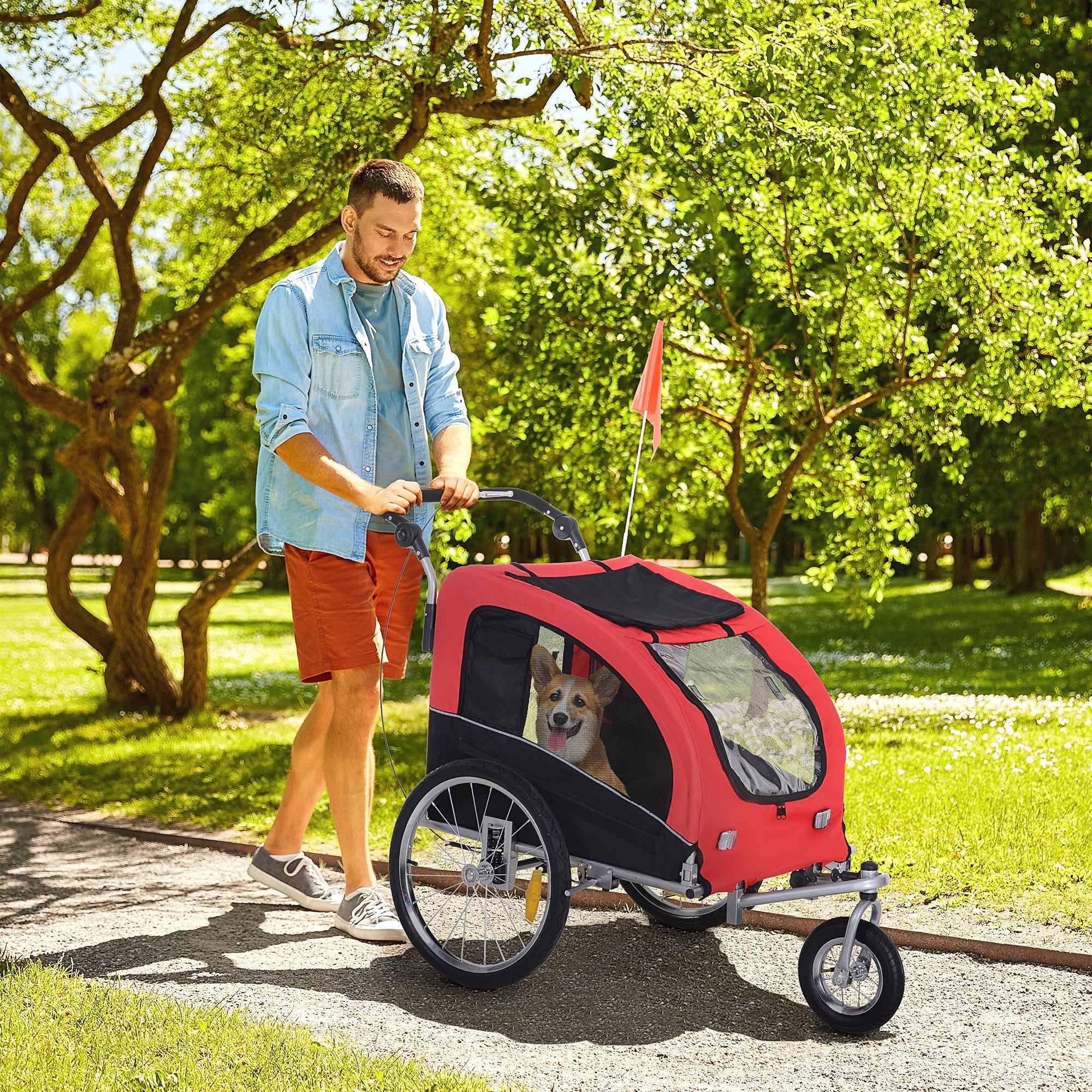 Aosom Dog Bike Trailer 2-In-1 Pet Stroller Cart Bicycle Wagon Cargo Carrier Attachment for Travel with Suspension, Hitch, Storage Pockets, Red
