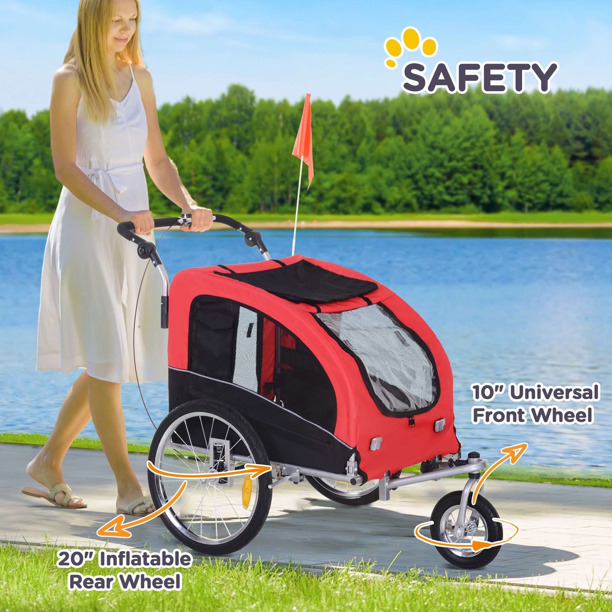 Aosom Dog Bike Trailer 2-In-1 Pet Stroller Cart Bicycle Wagon Cargo Carrier Attachment for Travel with Suspension, Hitch, Storage Pockets, Red