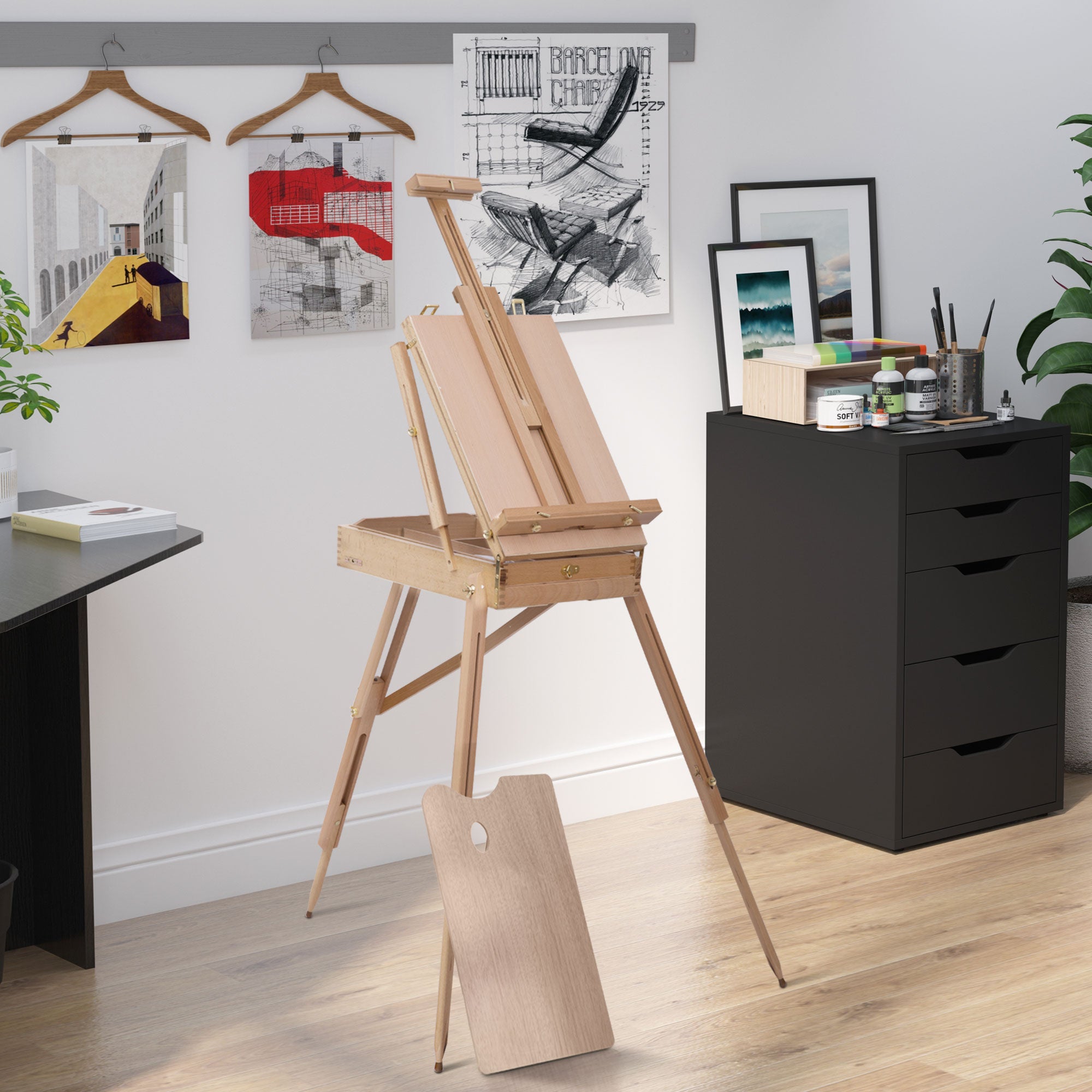 HOMCOM 72.4" Foldable Art Easel,  Portable Sketch Box, French Style Wood Easel Stand with Drawer, Palette, Shoulder Strap, Hold Canvas up to 34" for Artist Painters