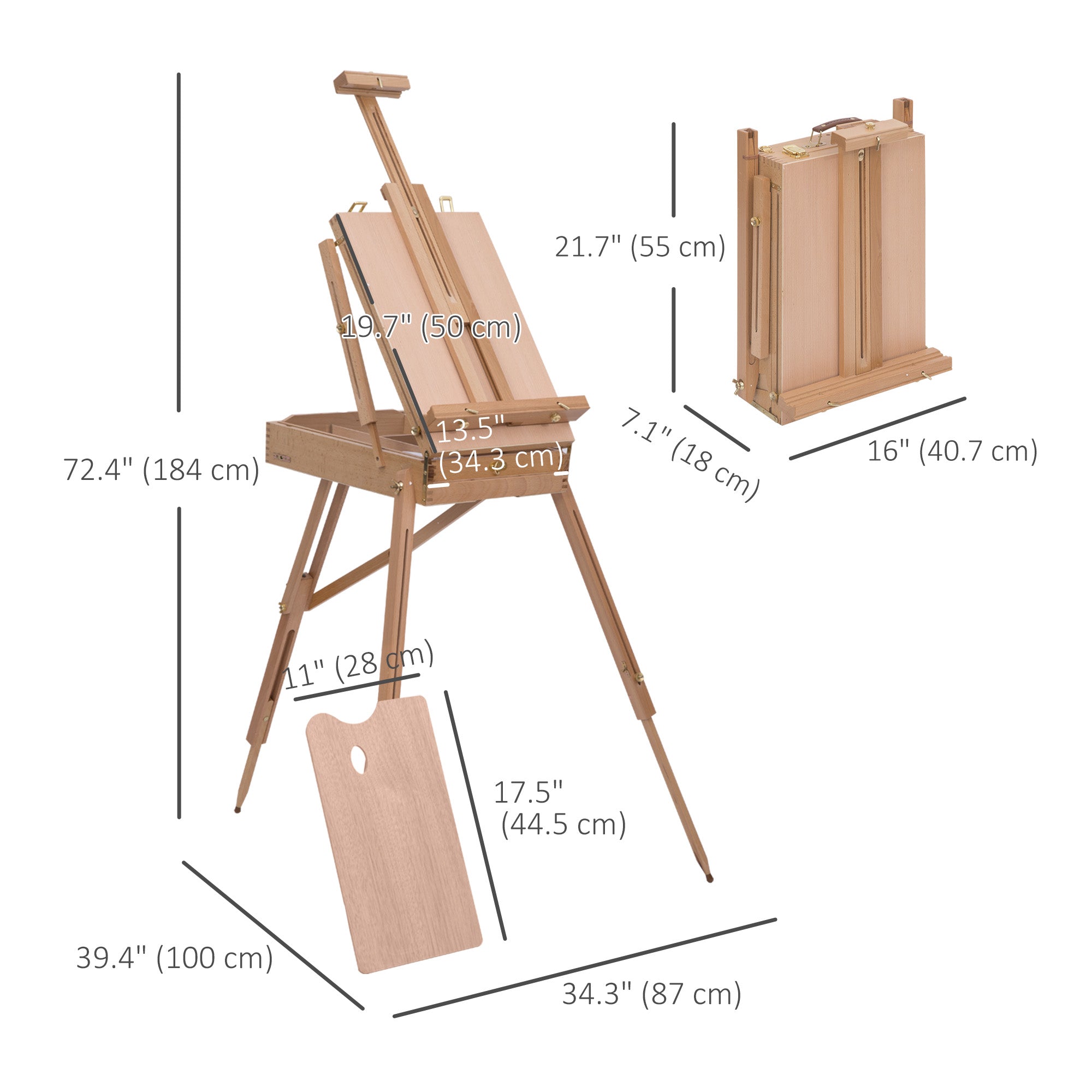 HOMCOM 72.4" Foldable Art Easel,  Portable Sketch Box, French Style Wood Easel Stand with Drawer, Palette, Shoulder Strap, Hold Canvas up to 34" for Artist Painters