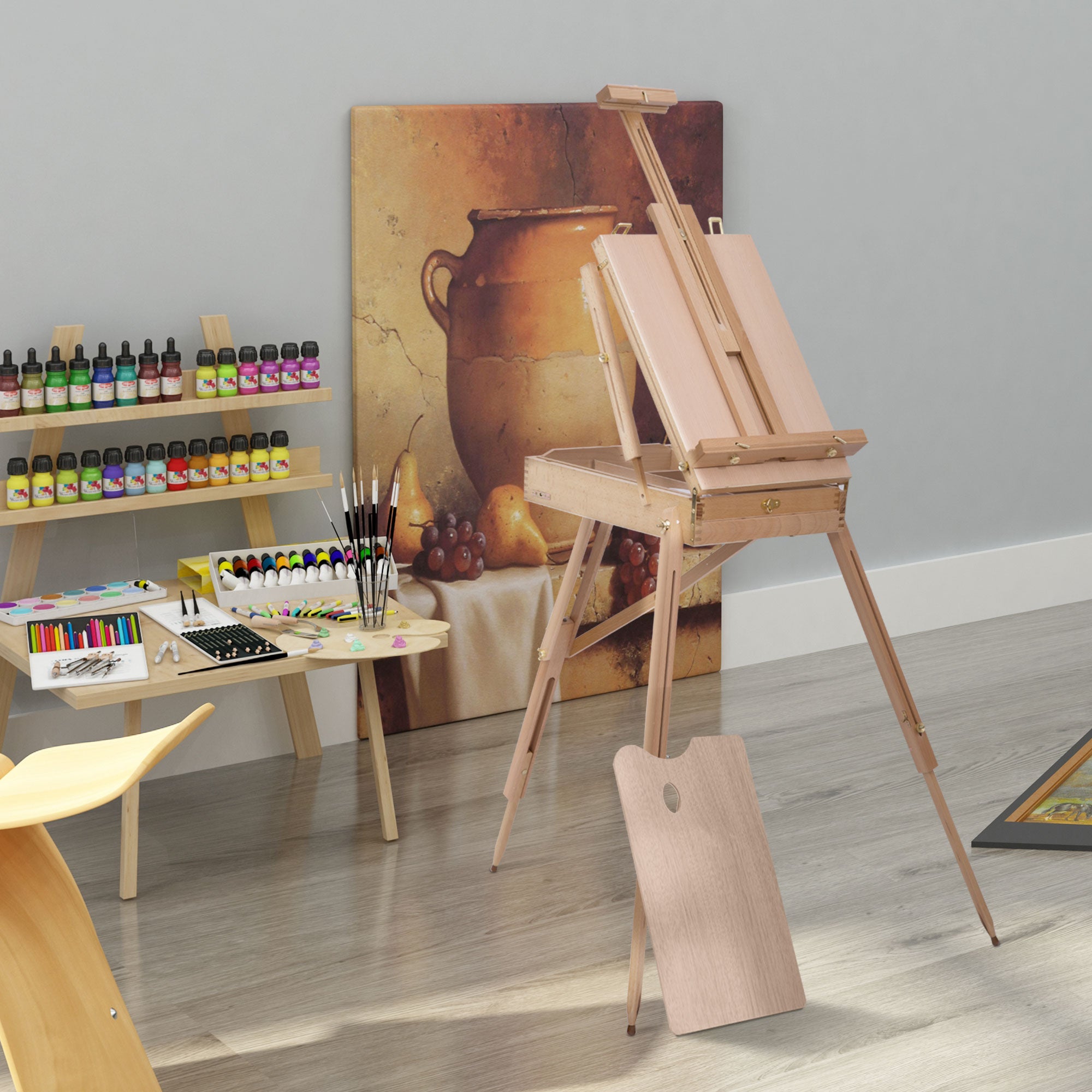 HOMCOM 72.4" Foldable Art Easel,  Portable Sketch Box, French Style Wood Easel Stand with Drawer, Palette, Shoulder Strap, Hold Canvas up to 34" for Artist Painters