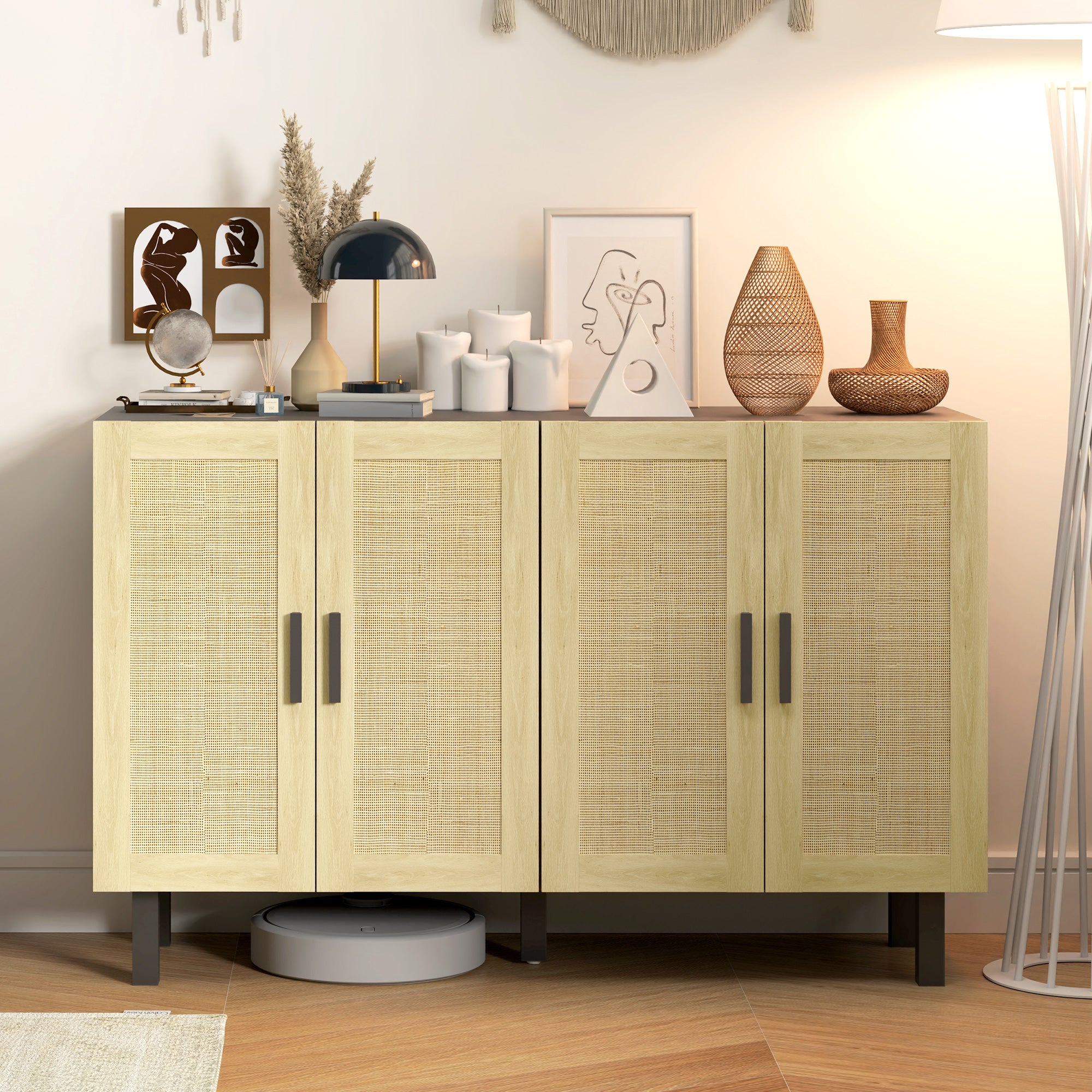 HOMCOM Sideboard Buffet Cabinet, Coffee Bar Cabinet with 4 Rattan Doors and Adjustable Shelves for Kitchen, Living Room, Black and Natural