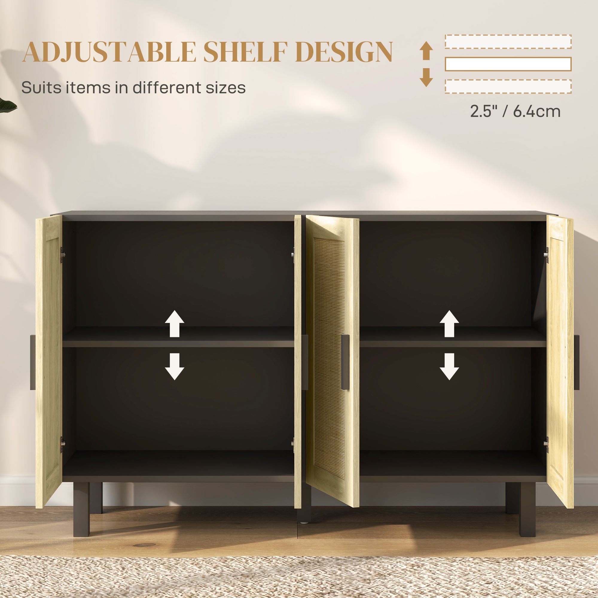 HOMCOM Sideboard Buffet Cabinet, Coffee Bar Cabinet with 4 Rattan Doors and Adjustable Shelves for Kitchen, Living Room, Black and Natural