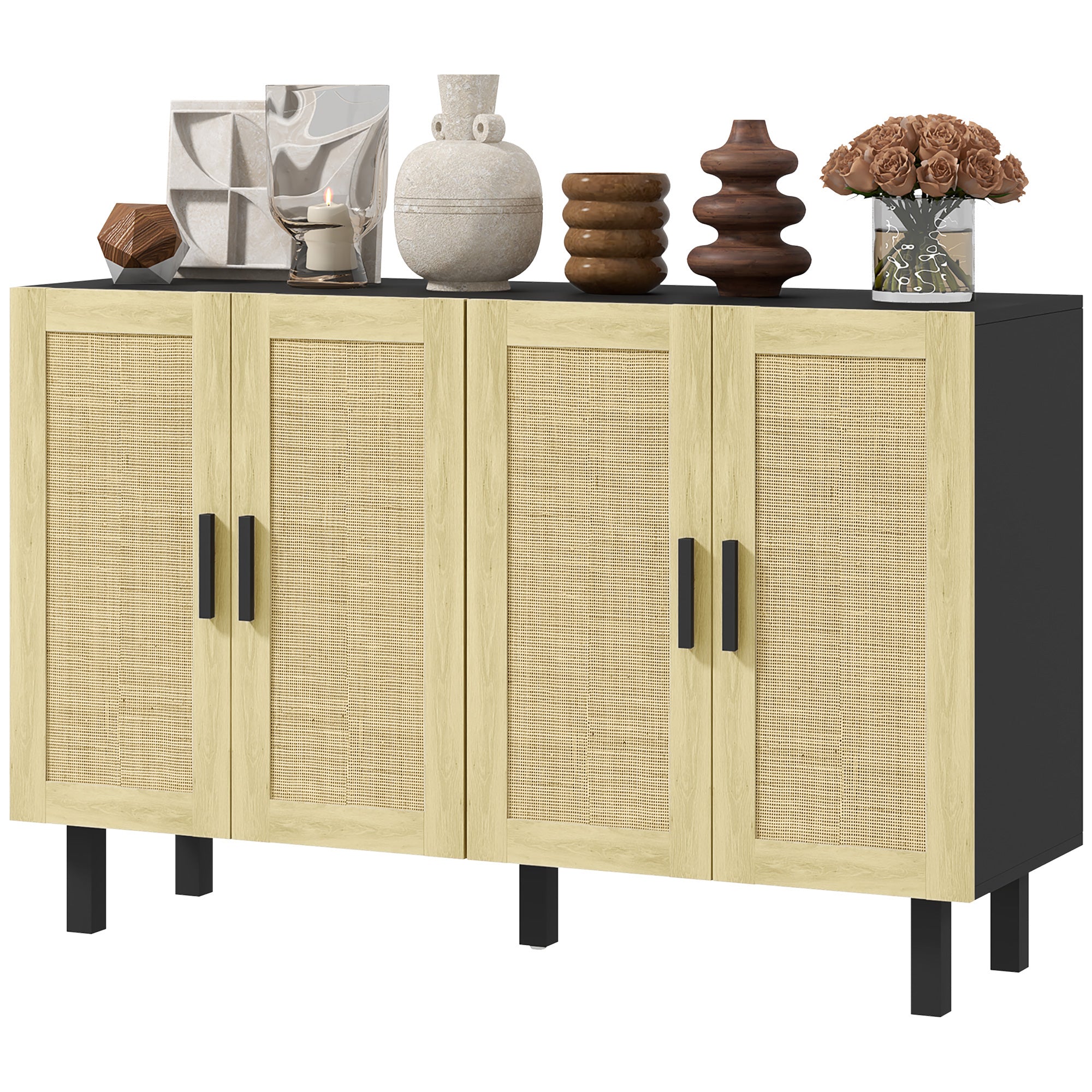HOMCOM Sideboard Buffet Cabinet, Coffee Bar Cabinet with 4 Rattan Doors and Adjustable Shelves for Kitchen, Living Room, Black and Natural