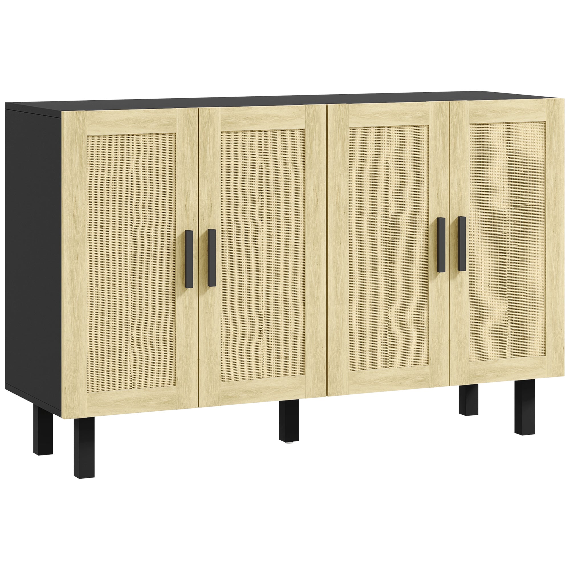 HOMCOM Sideboard Buffet Cabinet, Coffee Bar Cabinet with 4 Rattan Doors and Adjustable Shelves for Kitchen, Living Room, Black and Natural