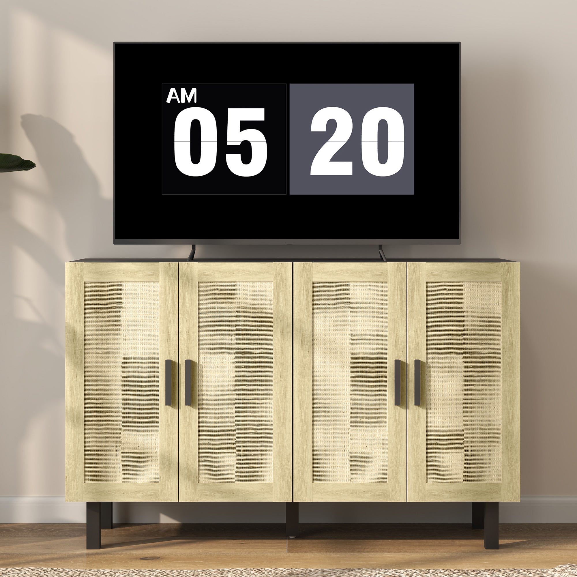 HOMCOM Sideboard Buffet Cabinet, Coffee Bar Cabinet with 4 Rattan Doors and Adjustable Shelves for Kitchen, Living Room, Black and Natural